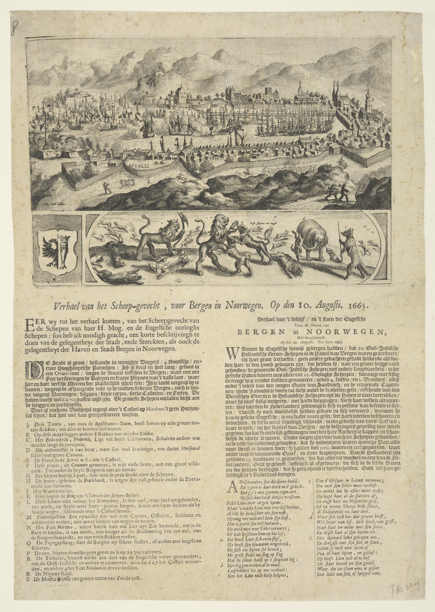 S.0847(03); Het gevecht voor Bergen in Noorwegen, 10 augustus 1665; prent