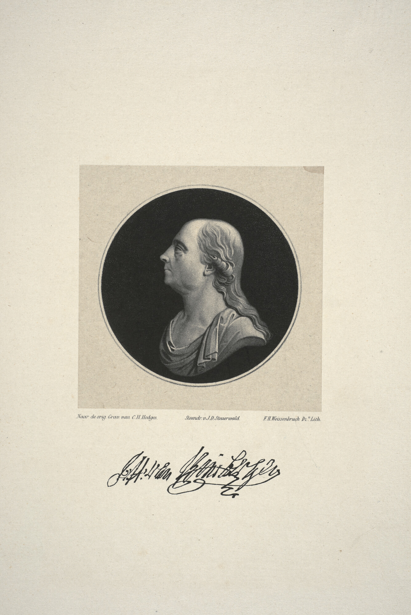 A.0145(179) [nr 0020]; Portret van Admiraal van Kinsbergen, borstbeeld als antieke buste op donkere; prent