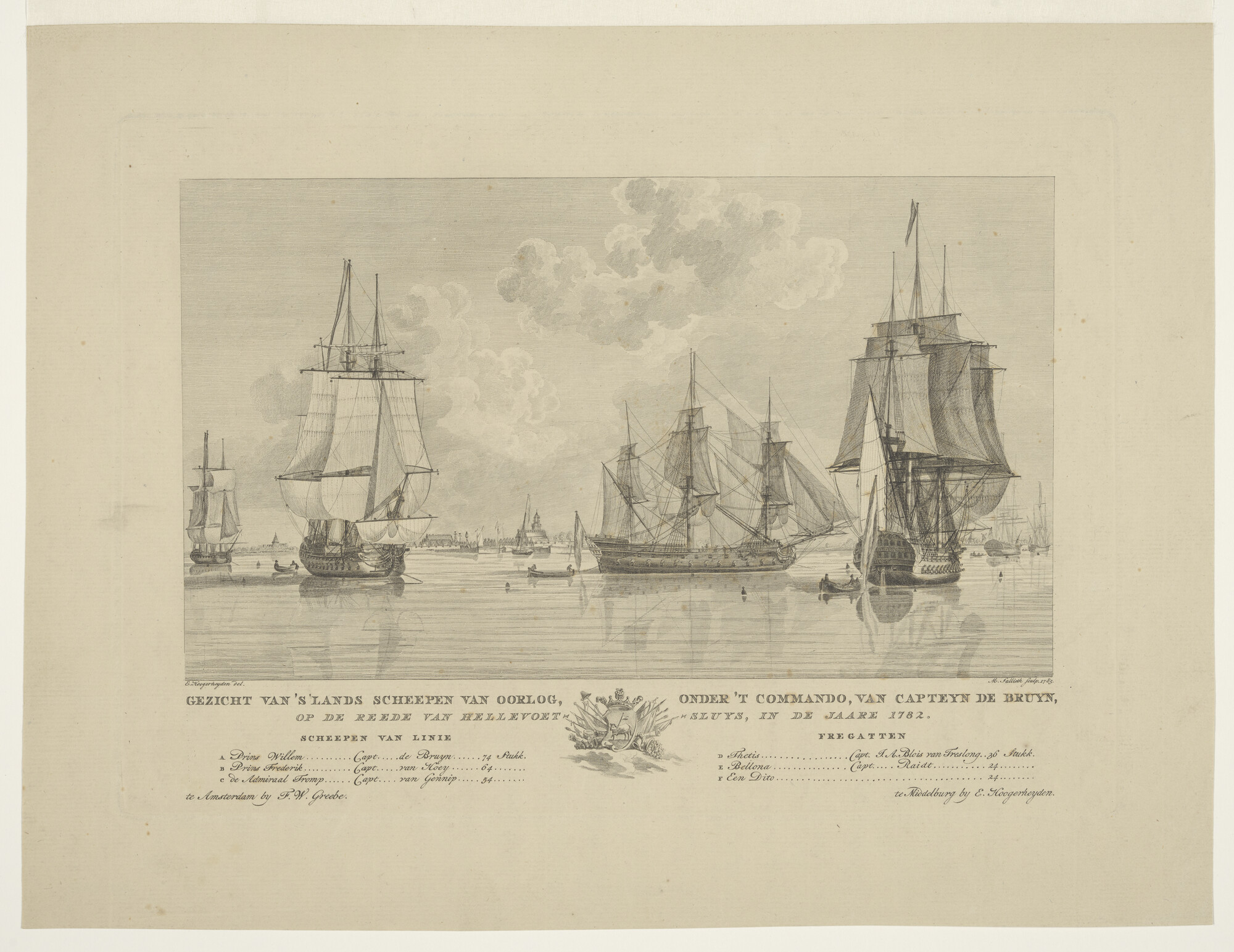 1991.0081; 's Lands eskader onder Kapitein De Bruyn op de rede van Hellevoetsluis, 1782; prent