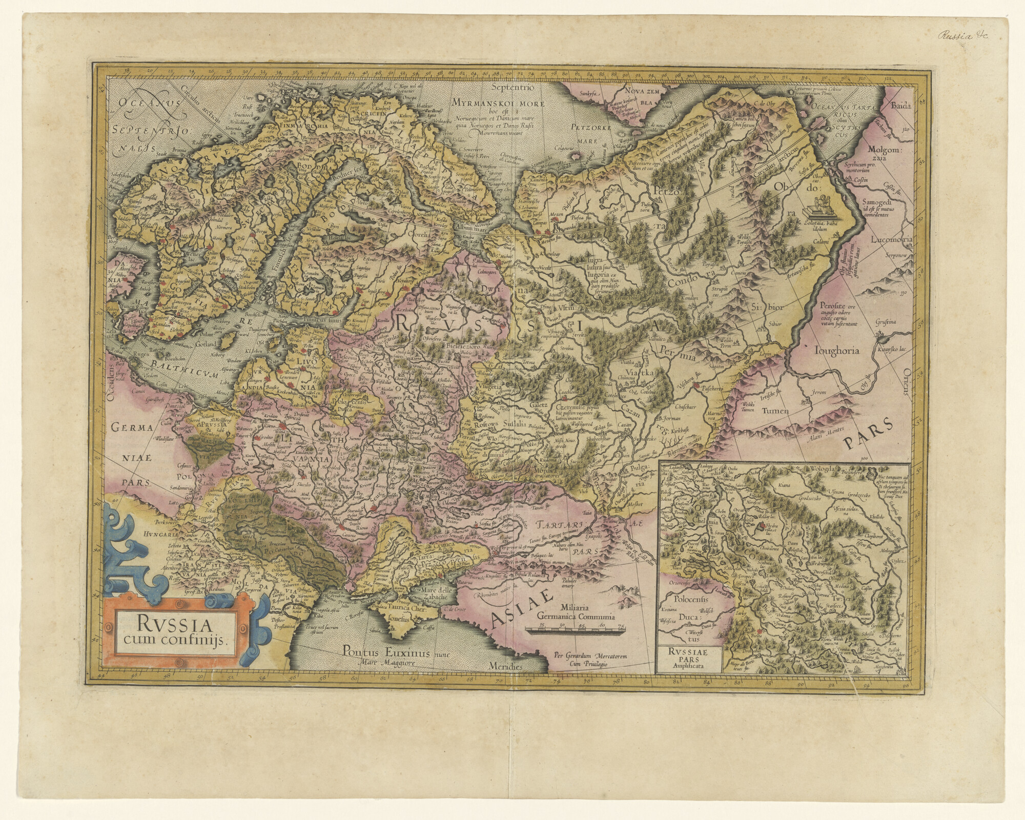 A.0145(211)022; Met de hand gekleurde kaart van Rusland uit Mercator-Hondius atlas van 1609; landkaart