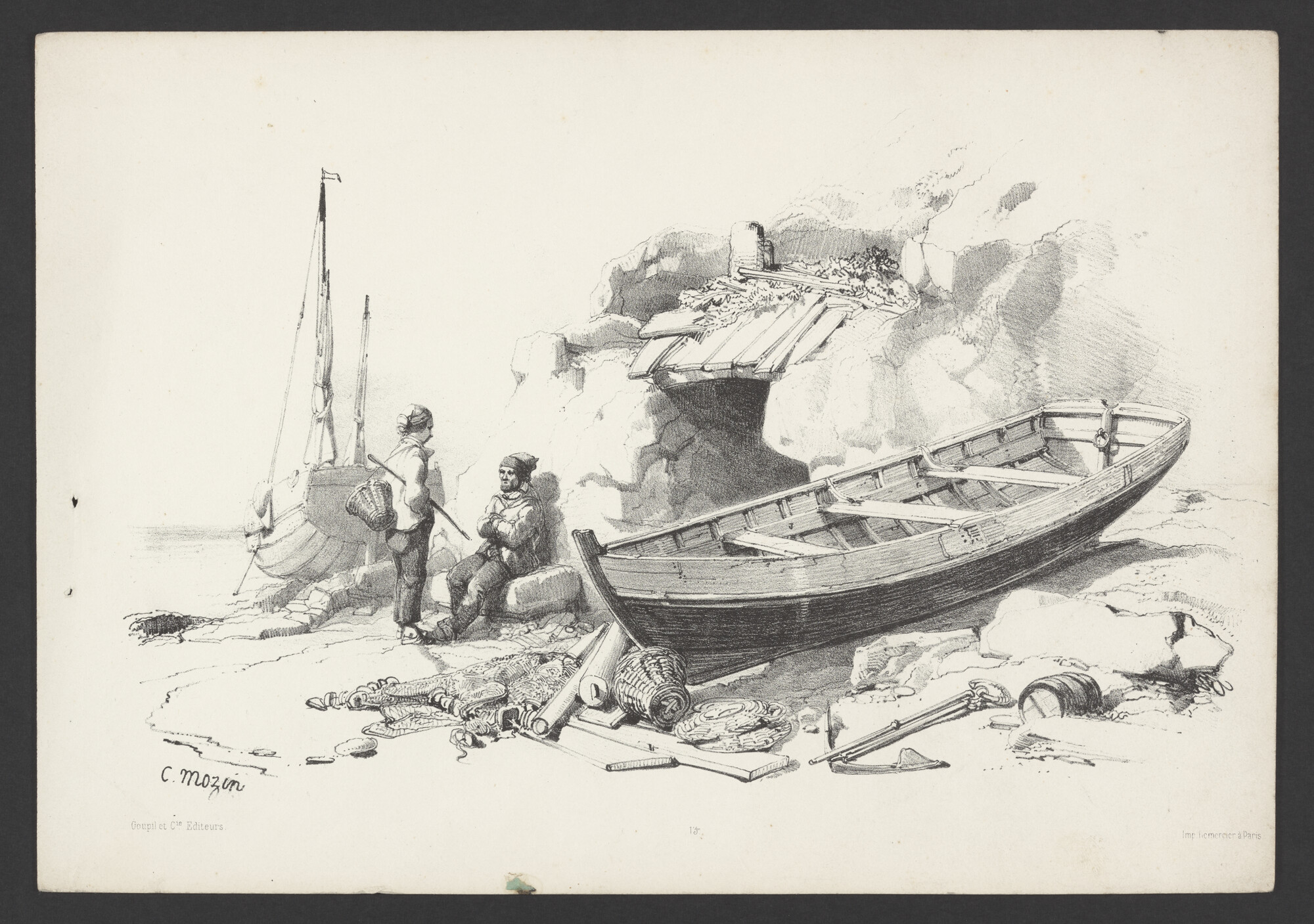 2023.0408; Prent van een visser gezeten voor zijn hut, op een strand met een sloep en een vissersscheepje; prent