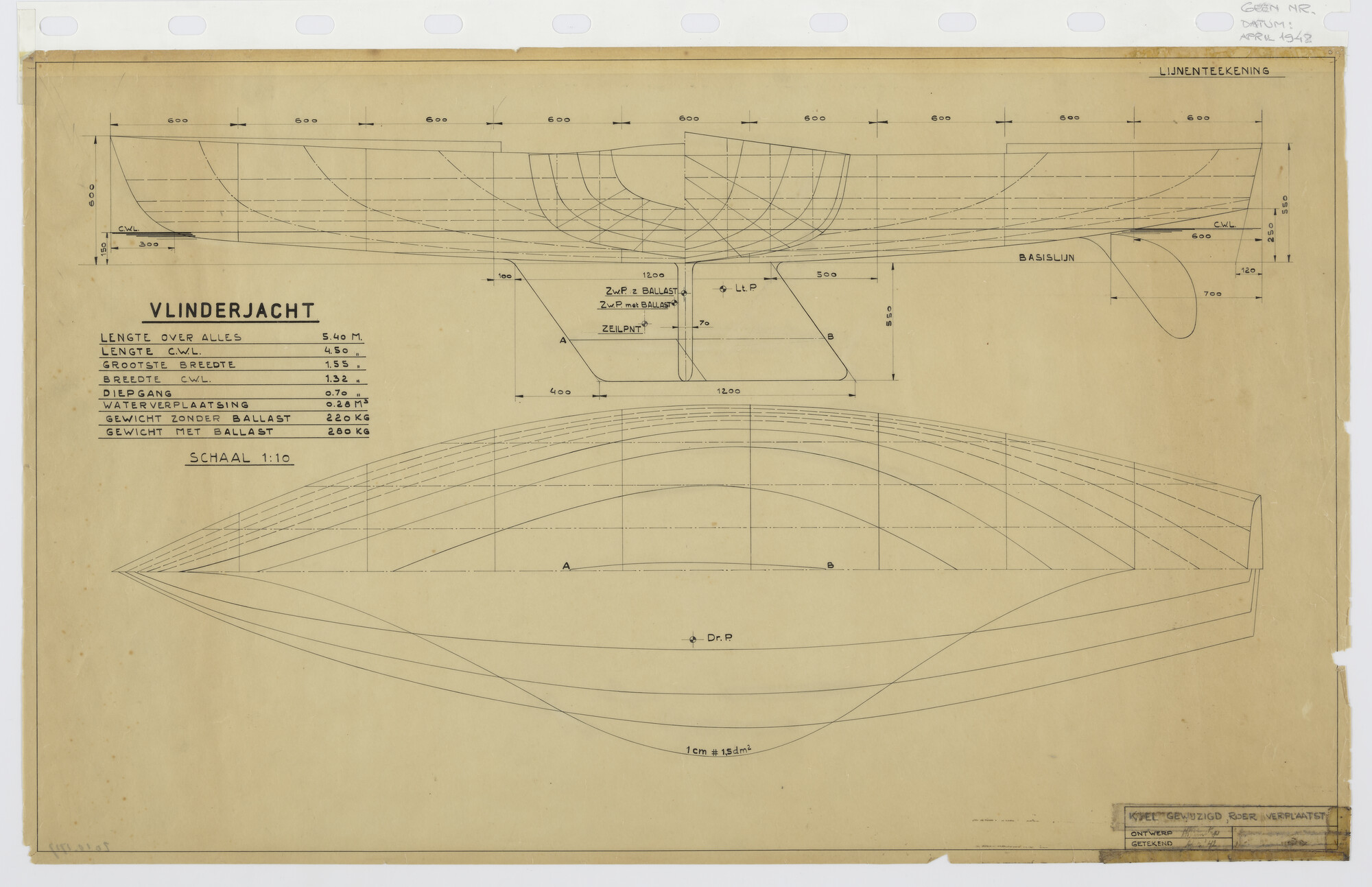 2010.1717; Lijnenplan van het Vlinderjacht van 5.40 m; technische tekening