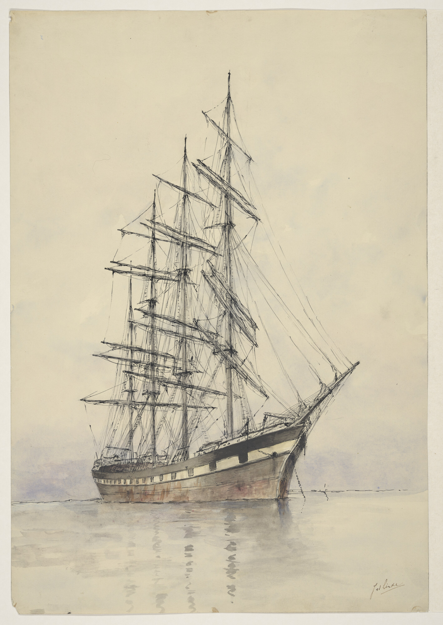 S.3088(12); Een viermast klipperfregatschip voor anker; tekening