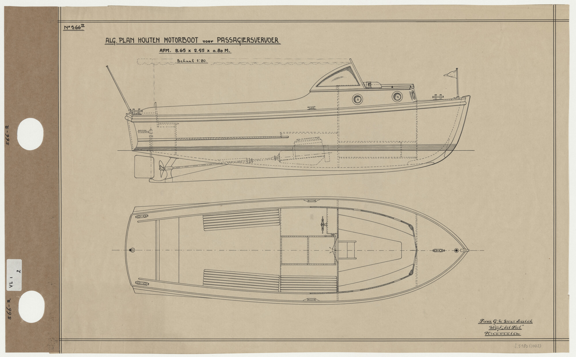 S.5180(0002); Algemeen plan van een houten motorboot; technische tekening