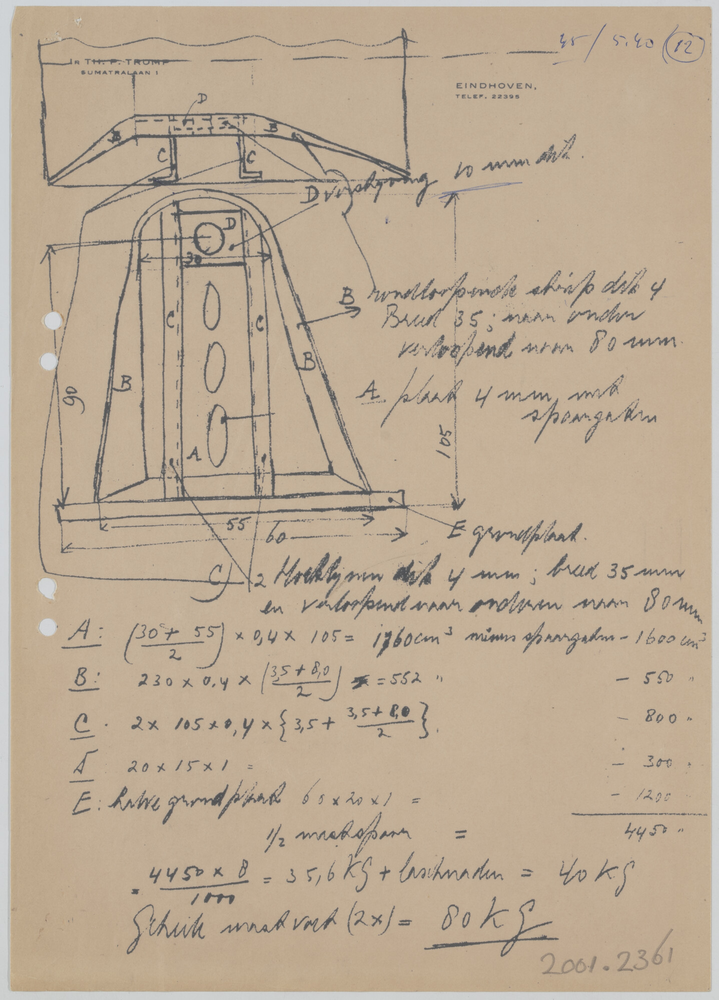 2001.2361; Schets van voorstel voor mastkoker van zeiljacht 'Witte Raaf'; technische tekening