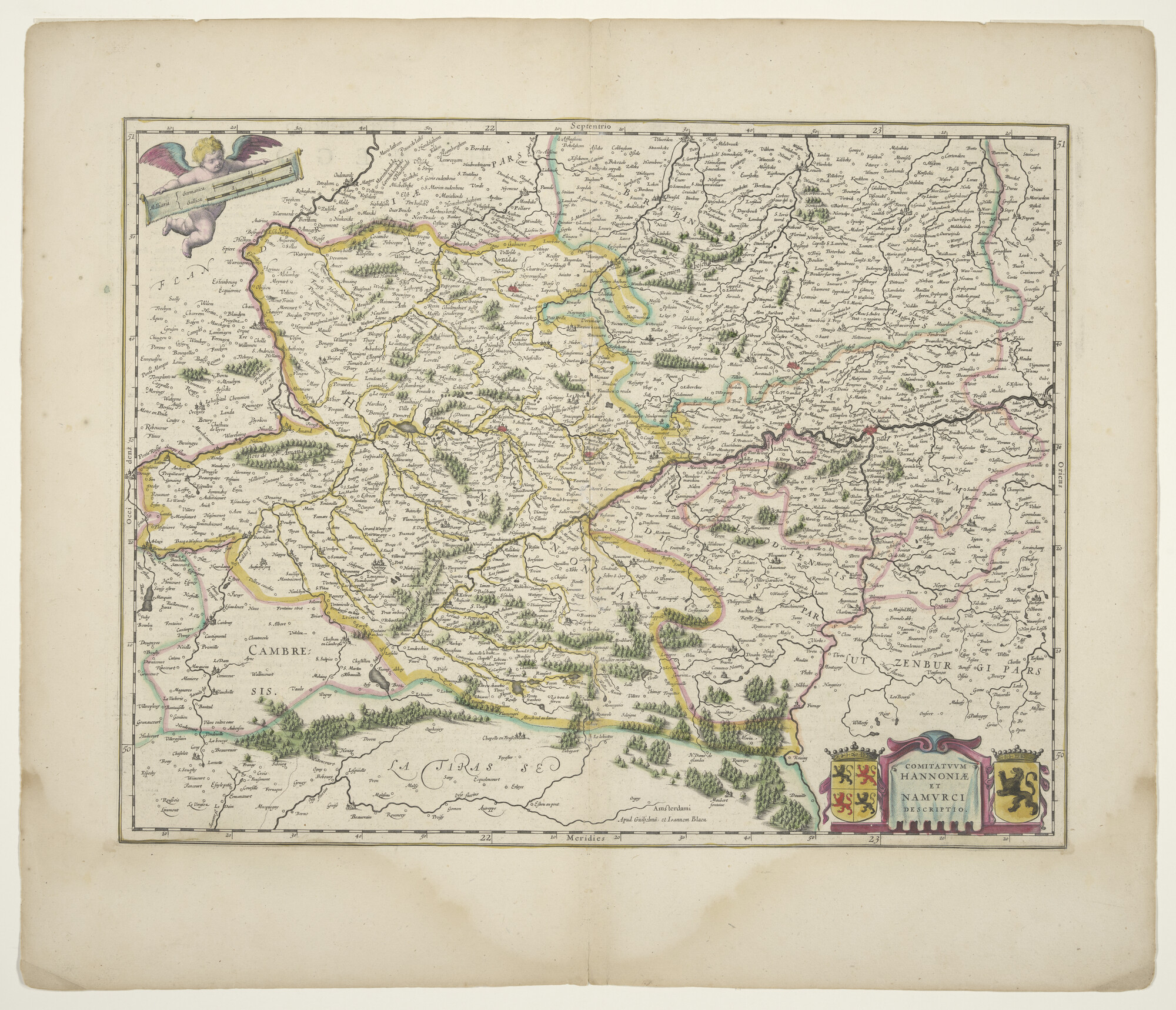 B.0216(0271); Met de hand gekleurde kaart van de graafschappen Henegouwen en Namen door Willem & Joan Blaeu; landkaart