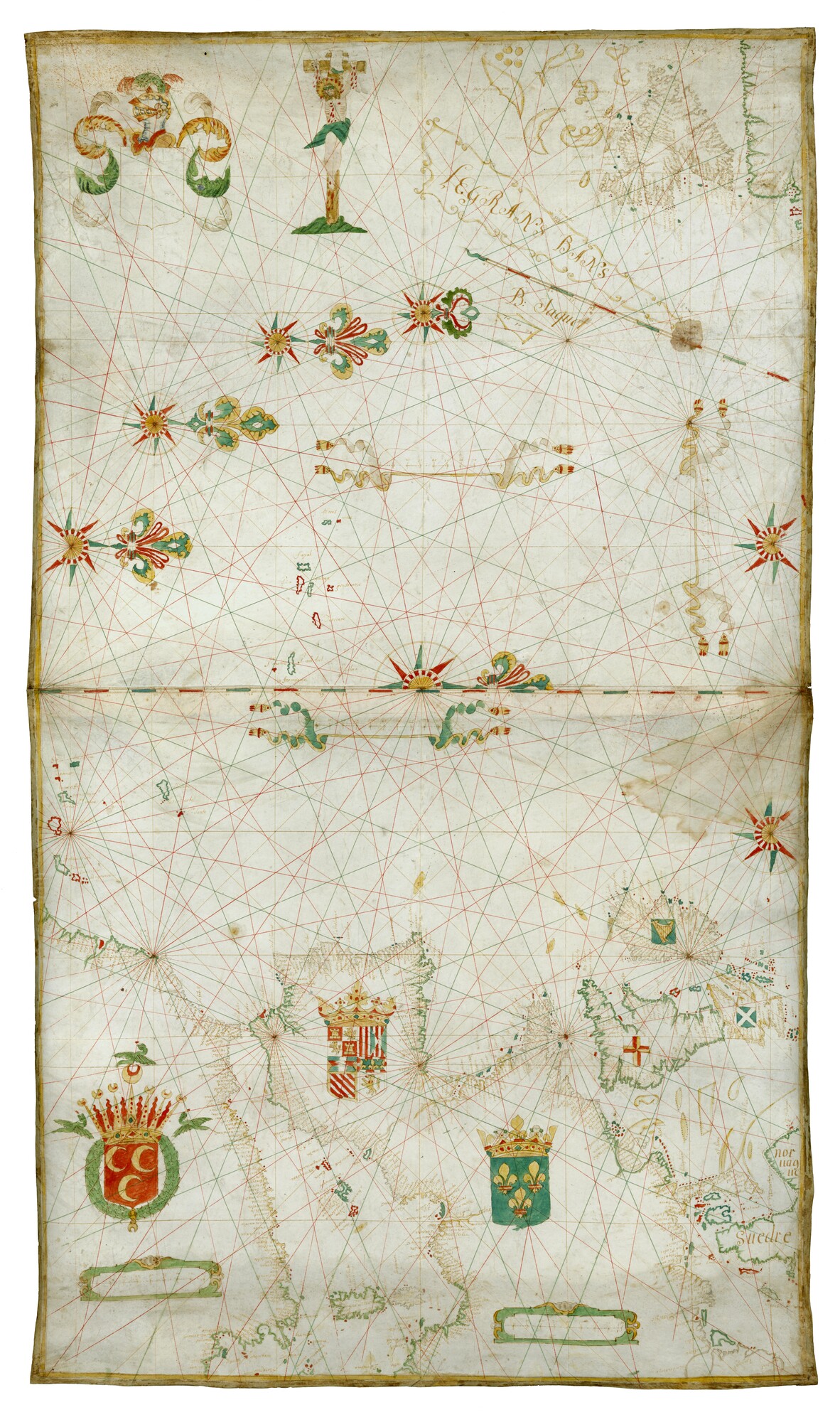 A.0145(139); Zeekaart door B. Jacquet uit circa 1600 van de Noord Atlantische Oceaan; perkamentkaart