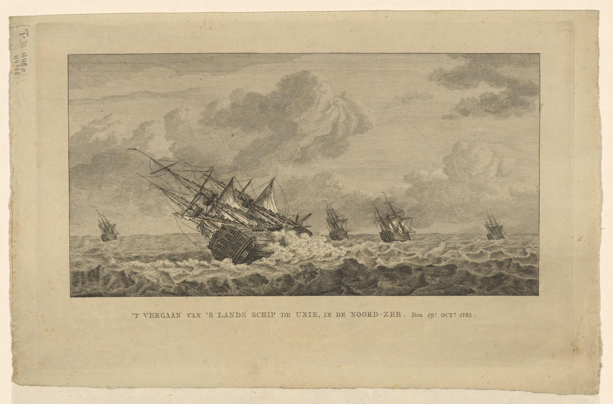 A.0149(0686); Vergaan van het oorlogsschip de 'Unie', 1782; prent
