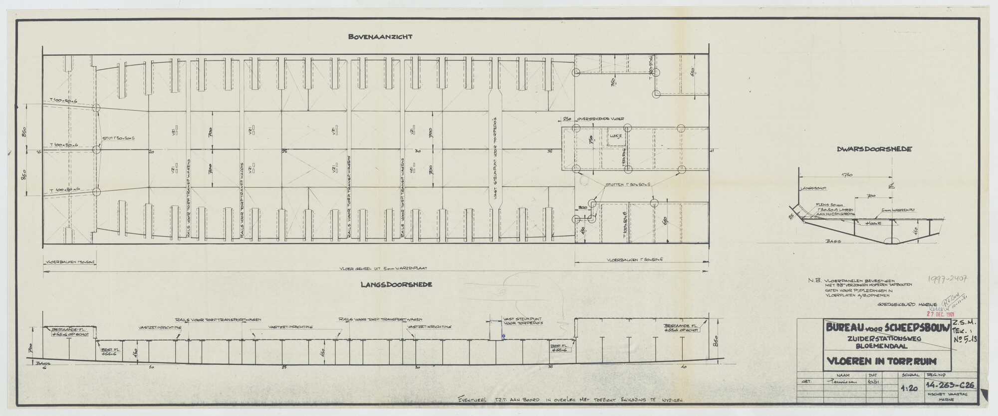 1997.2407; Vloeren in torpedoruim van het torpedo-inschietvaartuig Hr.Ms. 'Van Bochove'; technische tekening