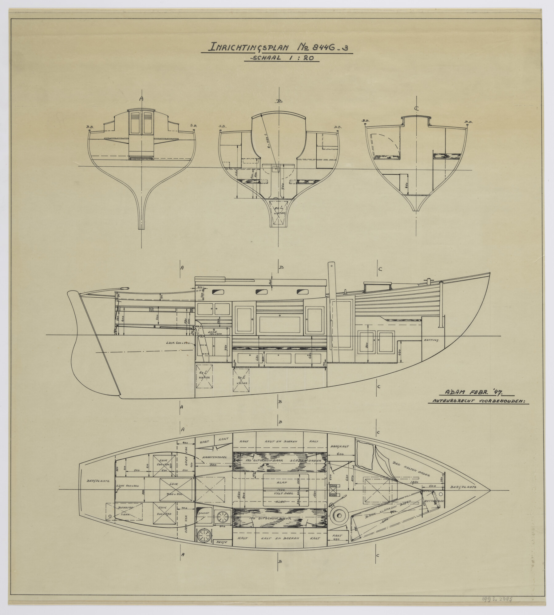 1993.2885; Indelingsplan zeiljacht 'Kapoeas II'; technische tekening