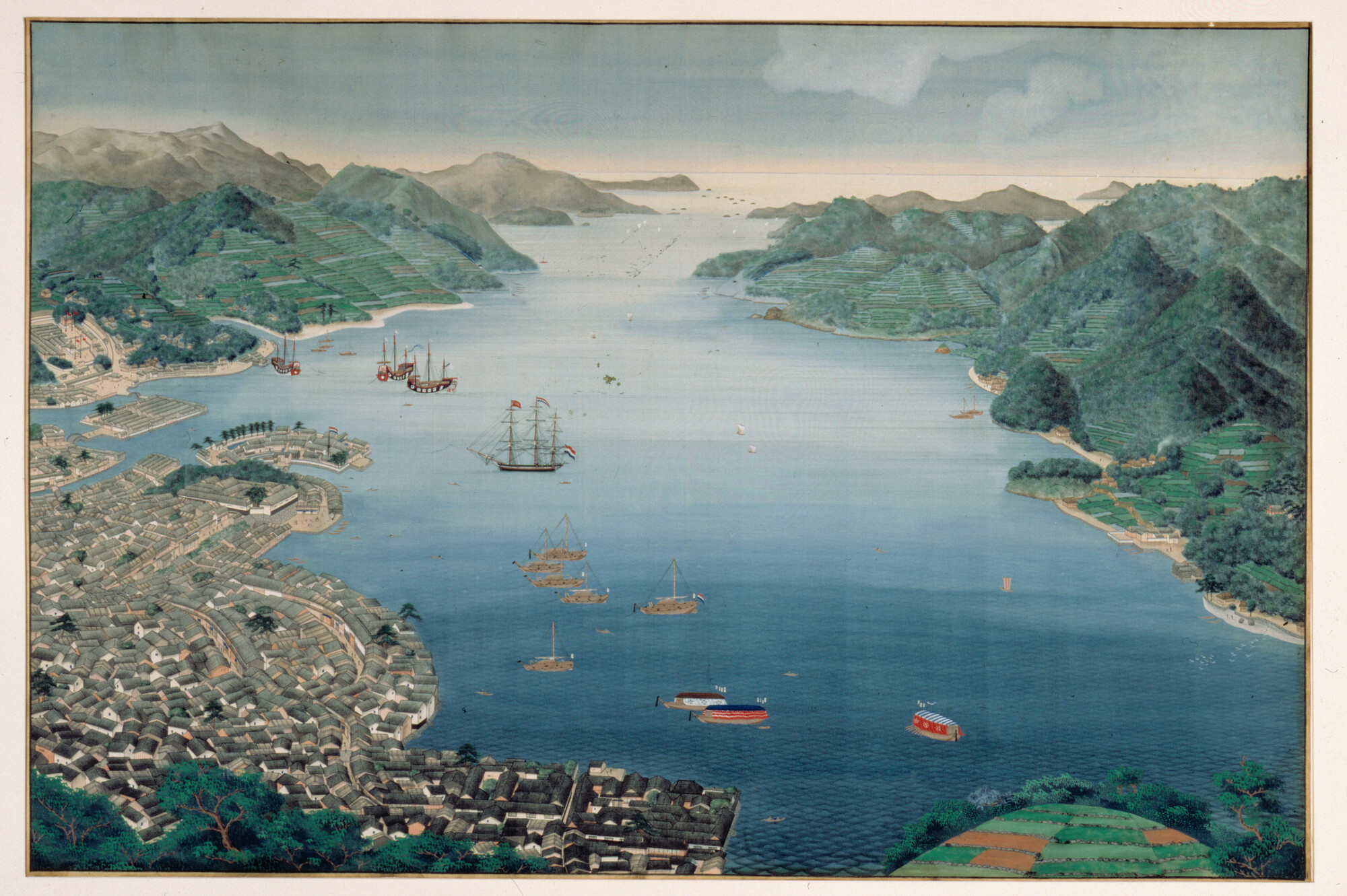 A.2714; De baai van Nagasaki met het eiland Deshima; tekening