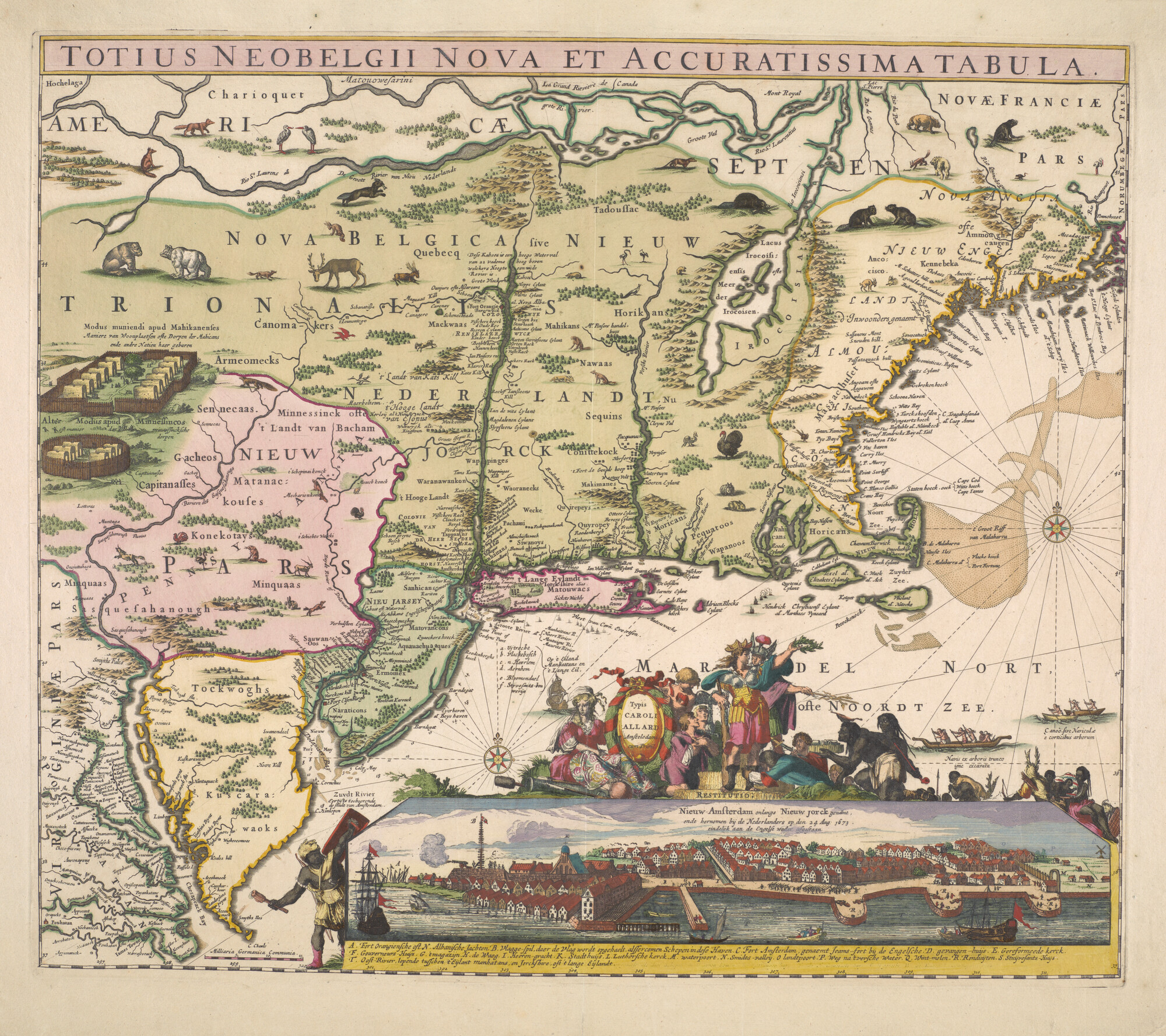 A.2244(02); Met de hand gekleurde kaart van Nieuw Nederland, Nieuw Engeland en een deel van Virginia, naar Visscher; landkaart