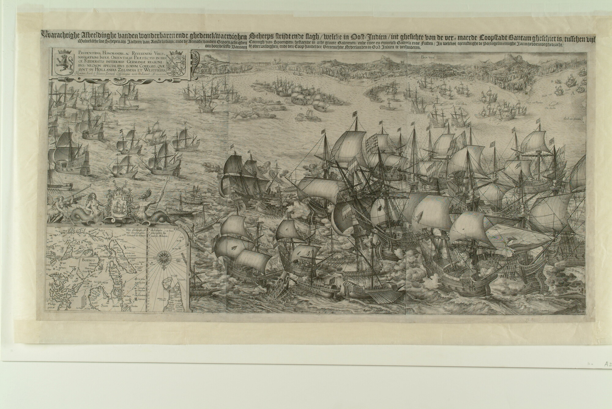 A.2185(01); Overwinning van Admiraal Wolfert Hermanszoon (Harmensz.) met 5 schepen op de Portugese vloot van 30 schepen voor Bantam; prent