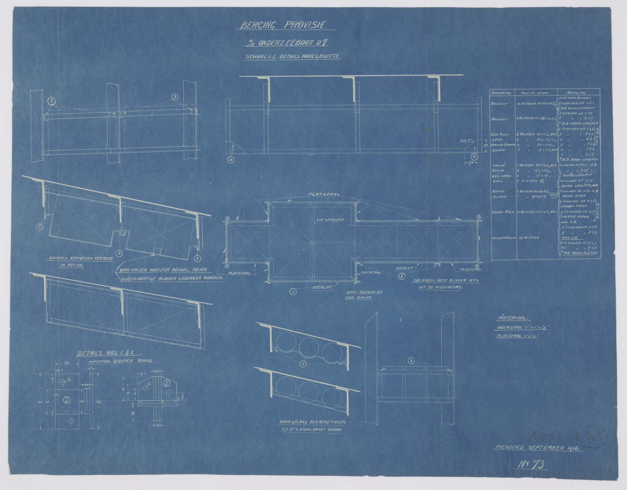 S.2175(3793); Berging provisie aan boord van de onderzeeboot Hr.Ms. 'O 7'.; technische tekening