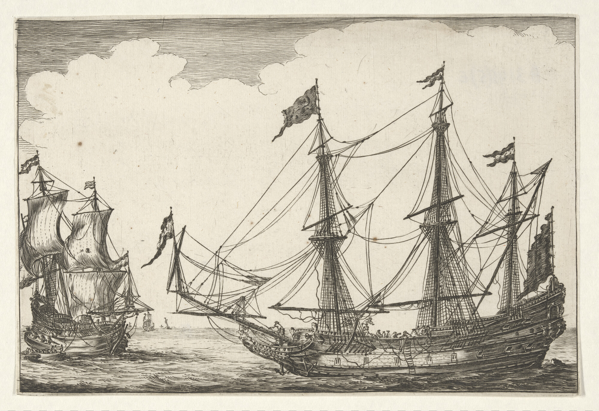 A.3145(05)e; Het pinasschip De 'Vergulde Dolfijn' en het fluitschip De 'Kat'; prent
