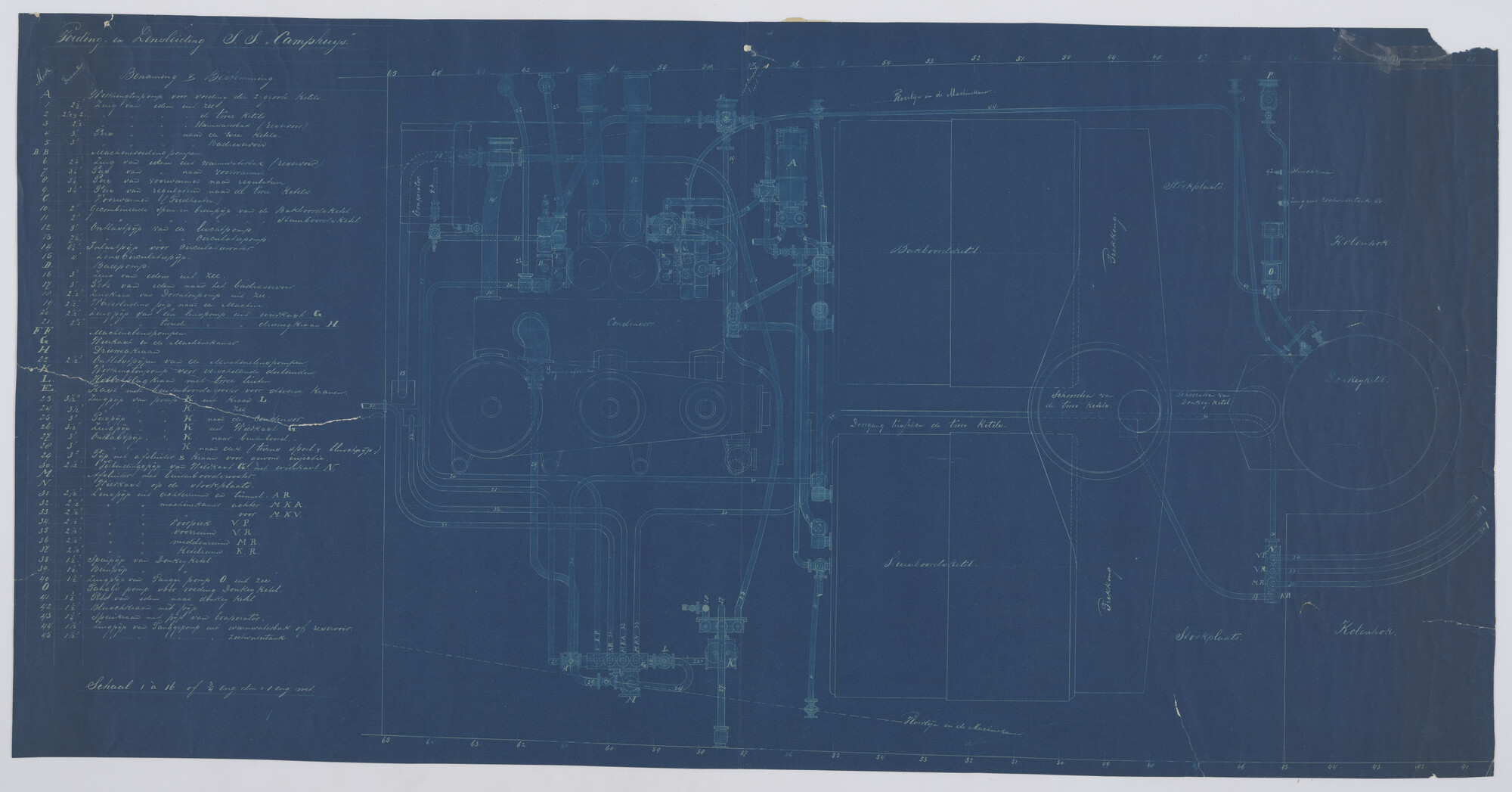 S.0027(046); Bovenaanzicht machinekamer en ketelruim van de schroefstoomschepen  'Ruys' , 'Tegelberg'en 'Camphuys'; technische tekening