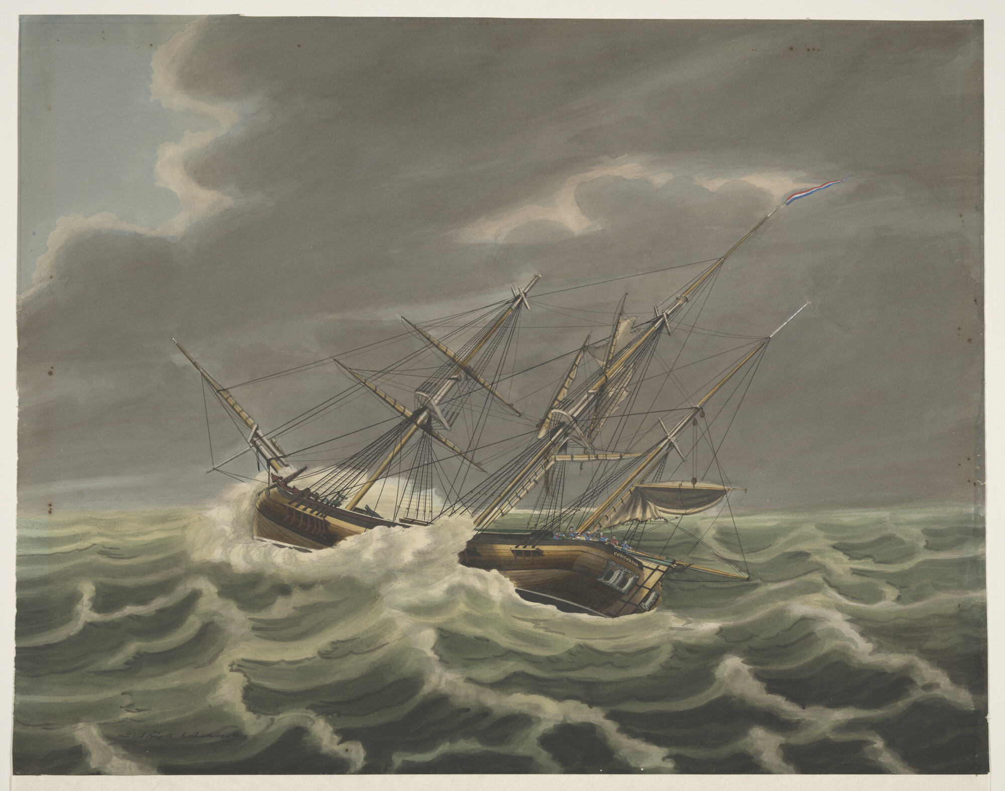 A.2005(02); Het driemastgaljootschip 'Concordia' in een storm ter hoogte van Texel; tekening