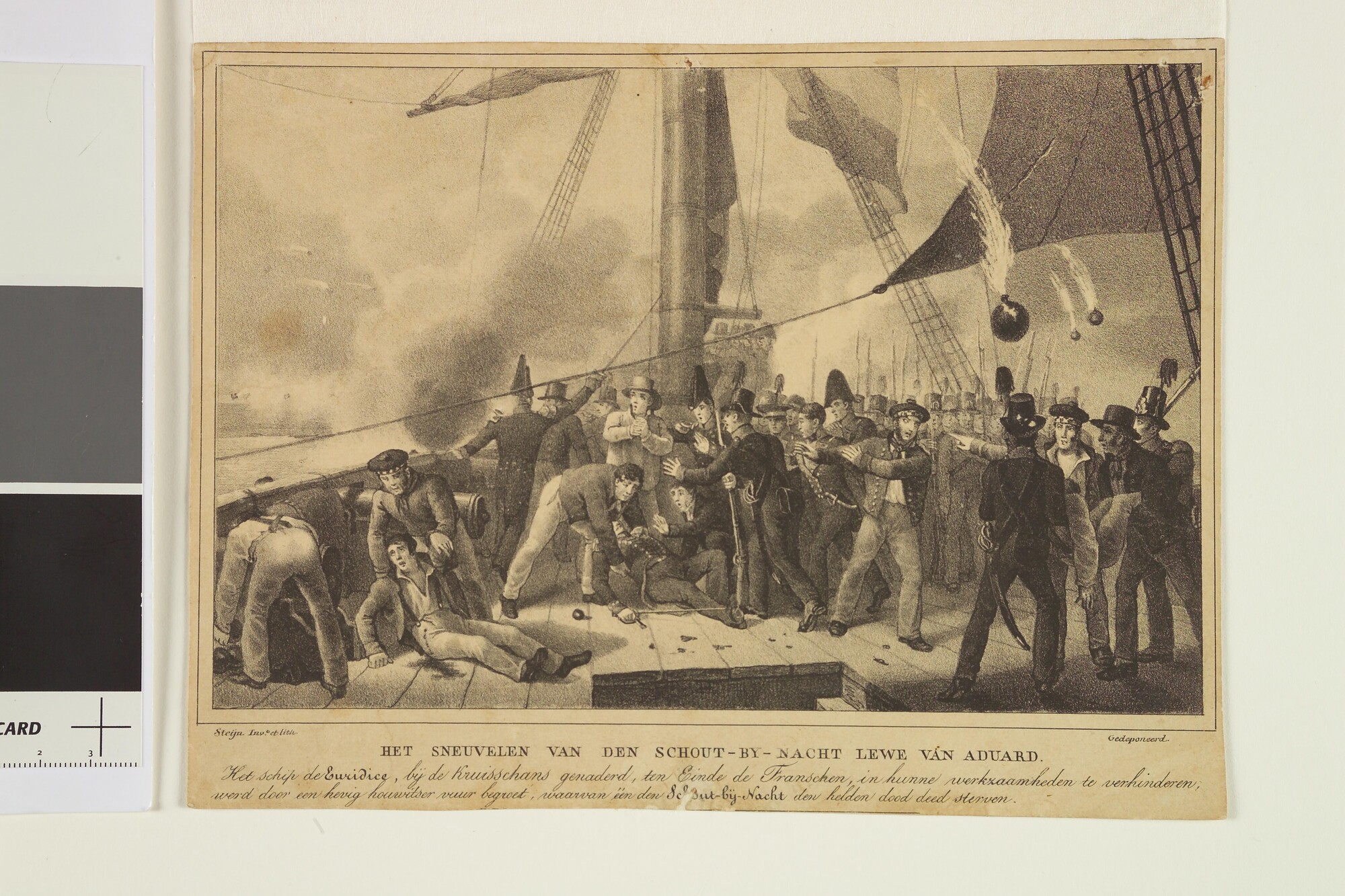 S.0568 [nr 0002]; Het beleg van de citadel van Antwerpen: de dood van de Schout-bij-Nacht Lewe van Aduard op het schip Euridice; prent