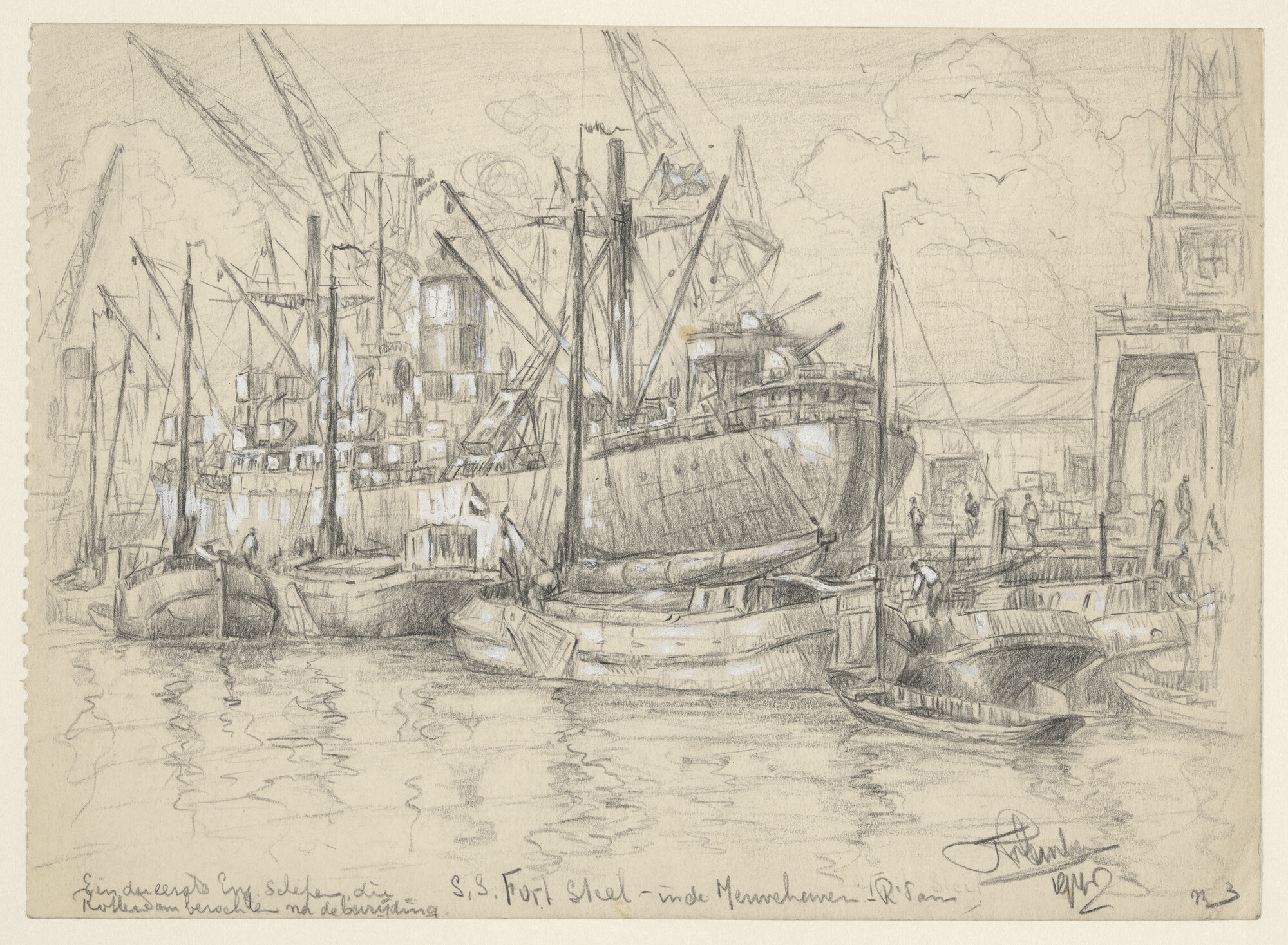 S.4824(06); Het Engelse stoomschip 'Fort Steel' in de Merwehaven voor anker, 1945; tekening