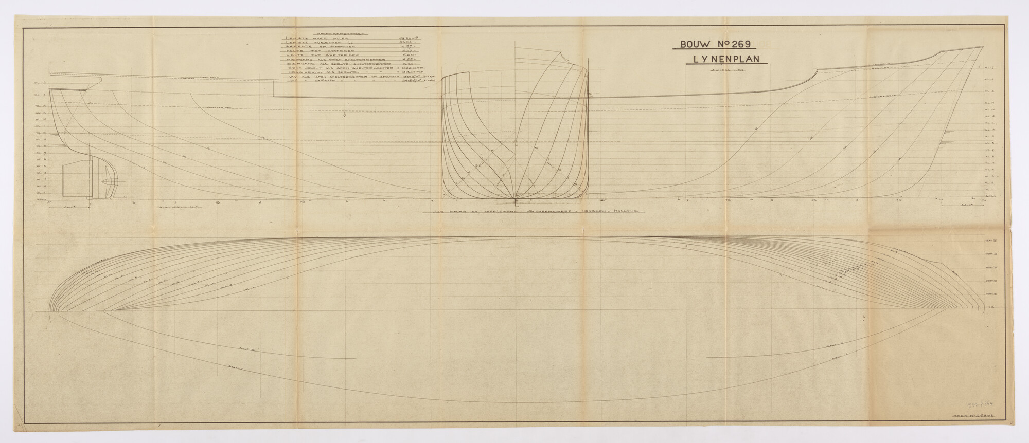 1995.7364; Lijnenplan (1:50) van een Finse motorcoaster (De Haan en Oerlemans Bnr. 269); technische tekening