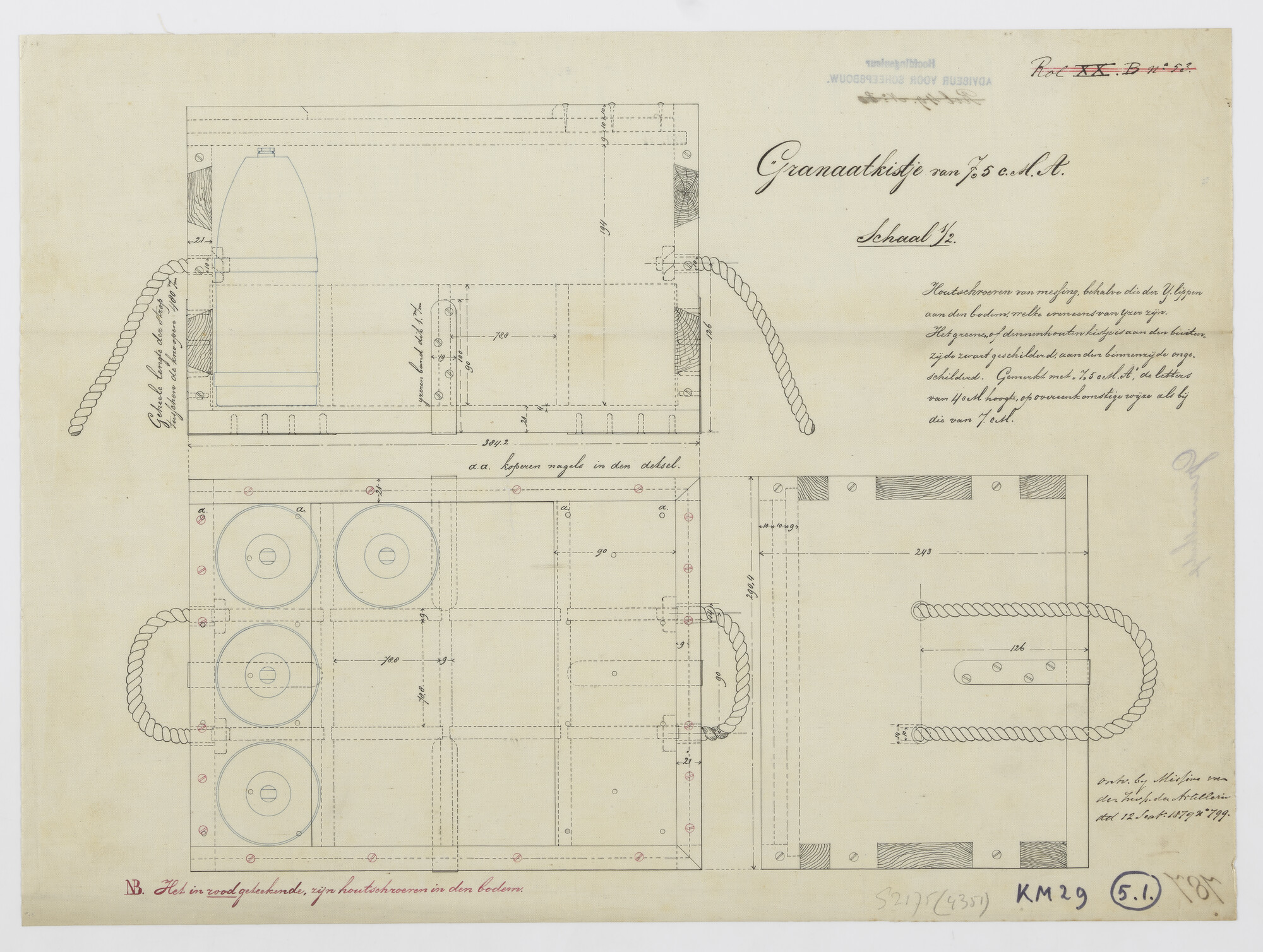 S.2175(4351); Doorsneden van een granaatkistje voor opslag van 7.5 cm A patronen; technische tekening