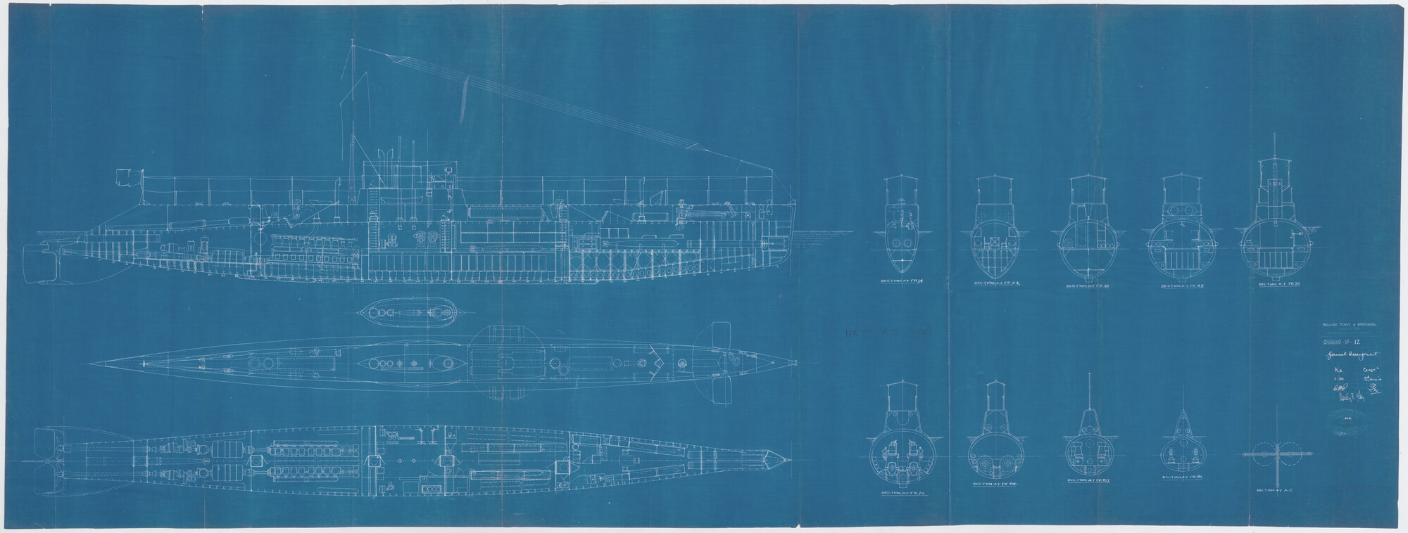 S.2175(3829); Algemeen Plan van de onderzeeboot  Hr.Ms. 'K II'.; technische tekening