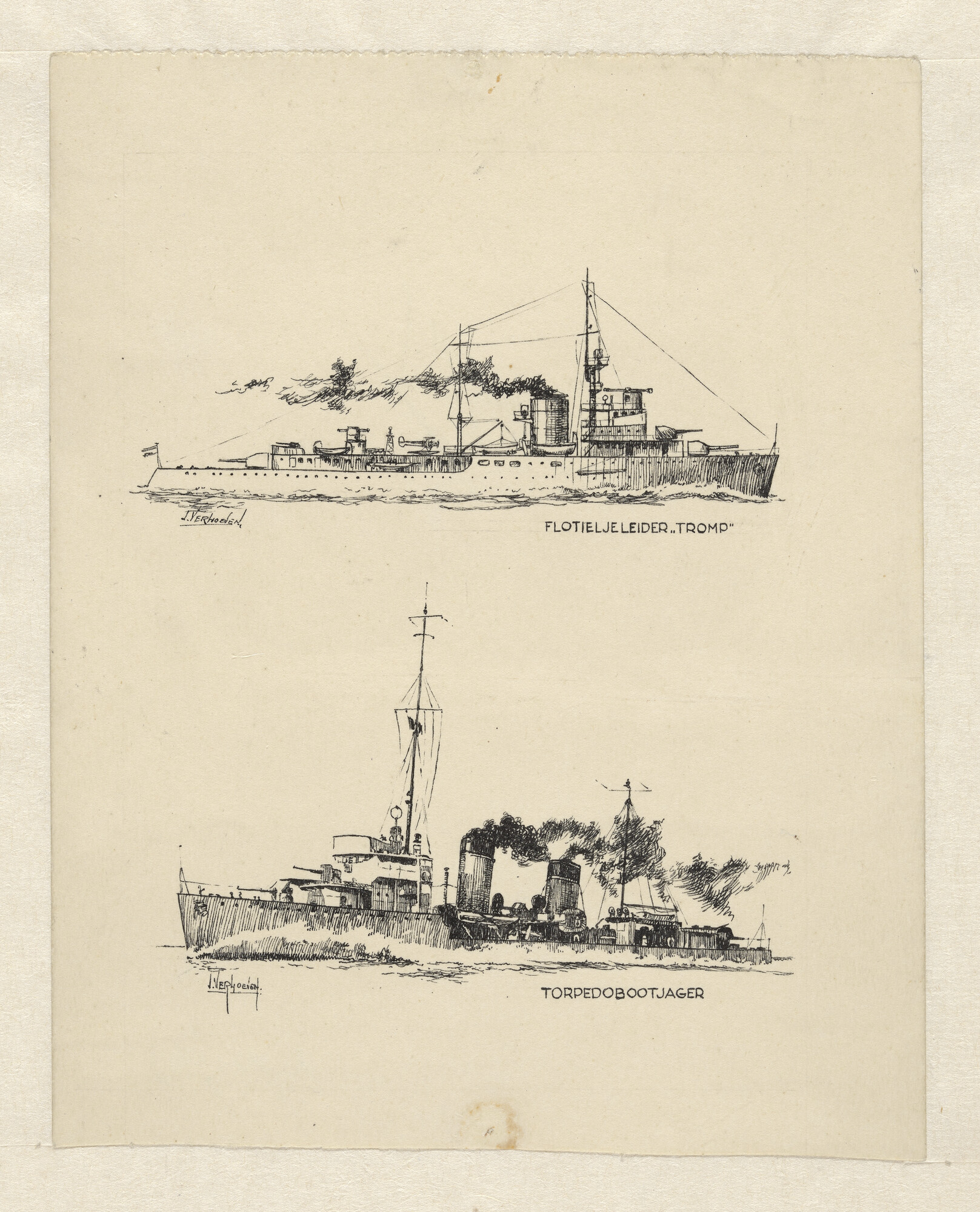 S.7217(02); De flottieljeleider Hr.Ms. 'Tromp' en een torpedobootjager; tekening