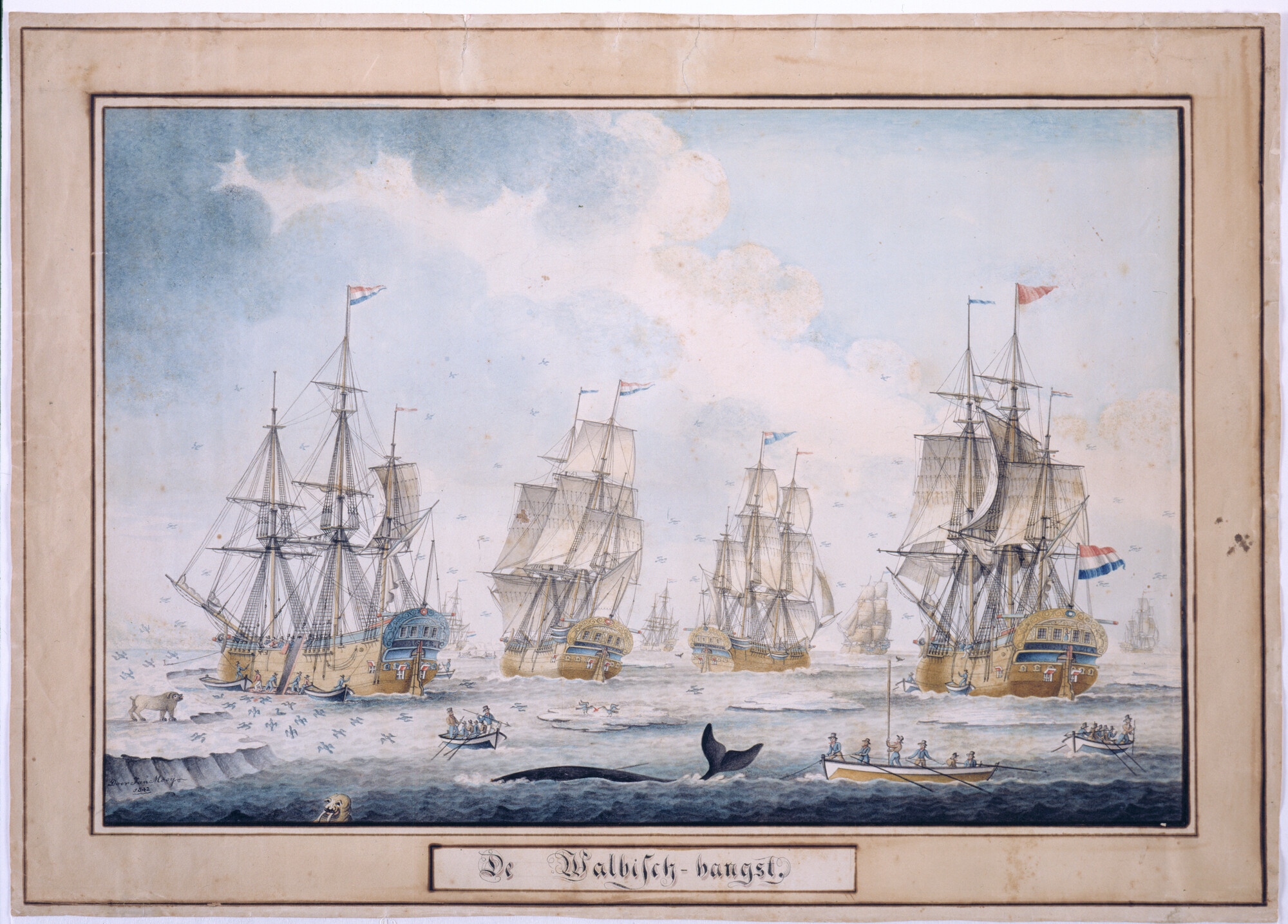 S.4317(10); 'De Walvisch-vangst': Een vloot walvisvaarders; tekening