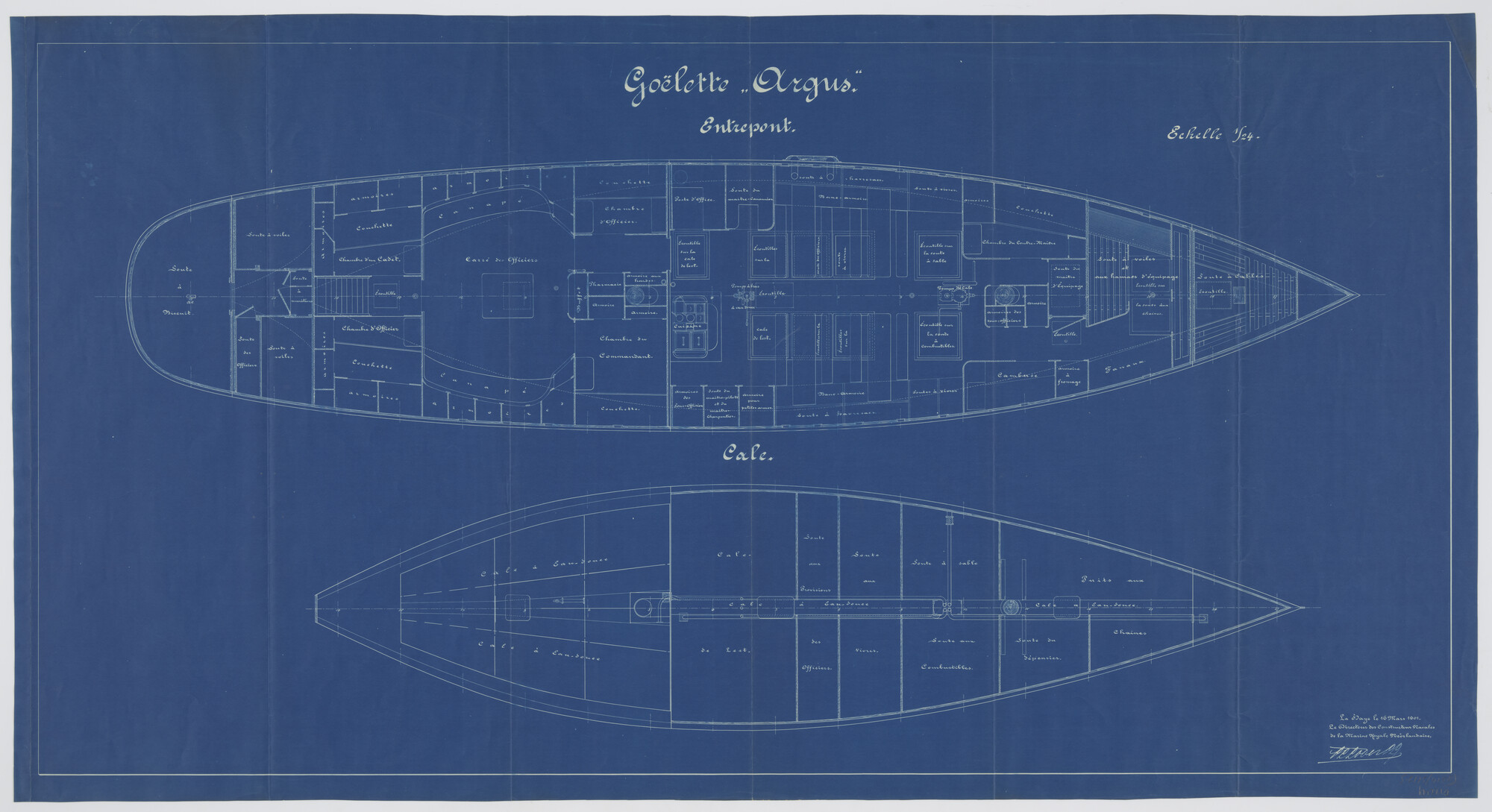 S.2175(4158); Tussendek en ruim van Hr.Ms. 'Argus'; technische tekening