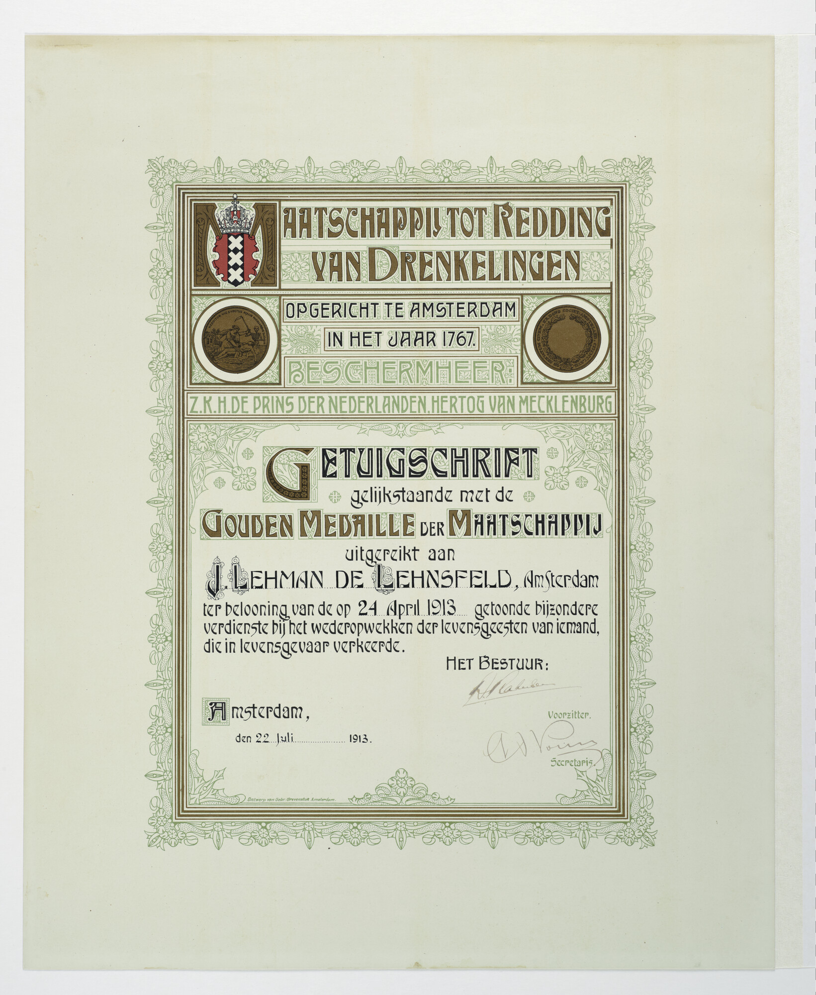 1996.1507; Getuigschrift bij de gouden medaille uigereikt aan J. Lehman de Lehnsfeld; prent