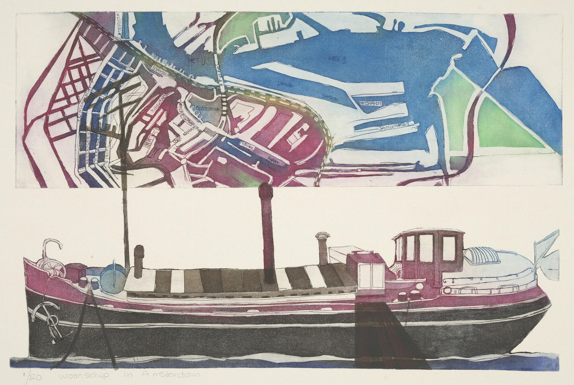 A.5633(06); Prent van het woonschip van de kunstenares Sylvia Oudkerk; prent