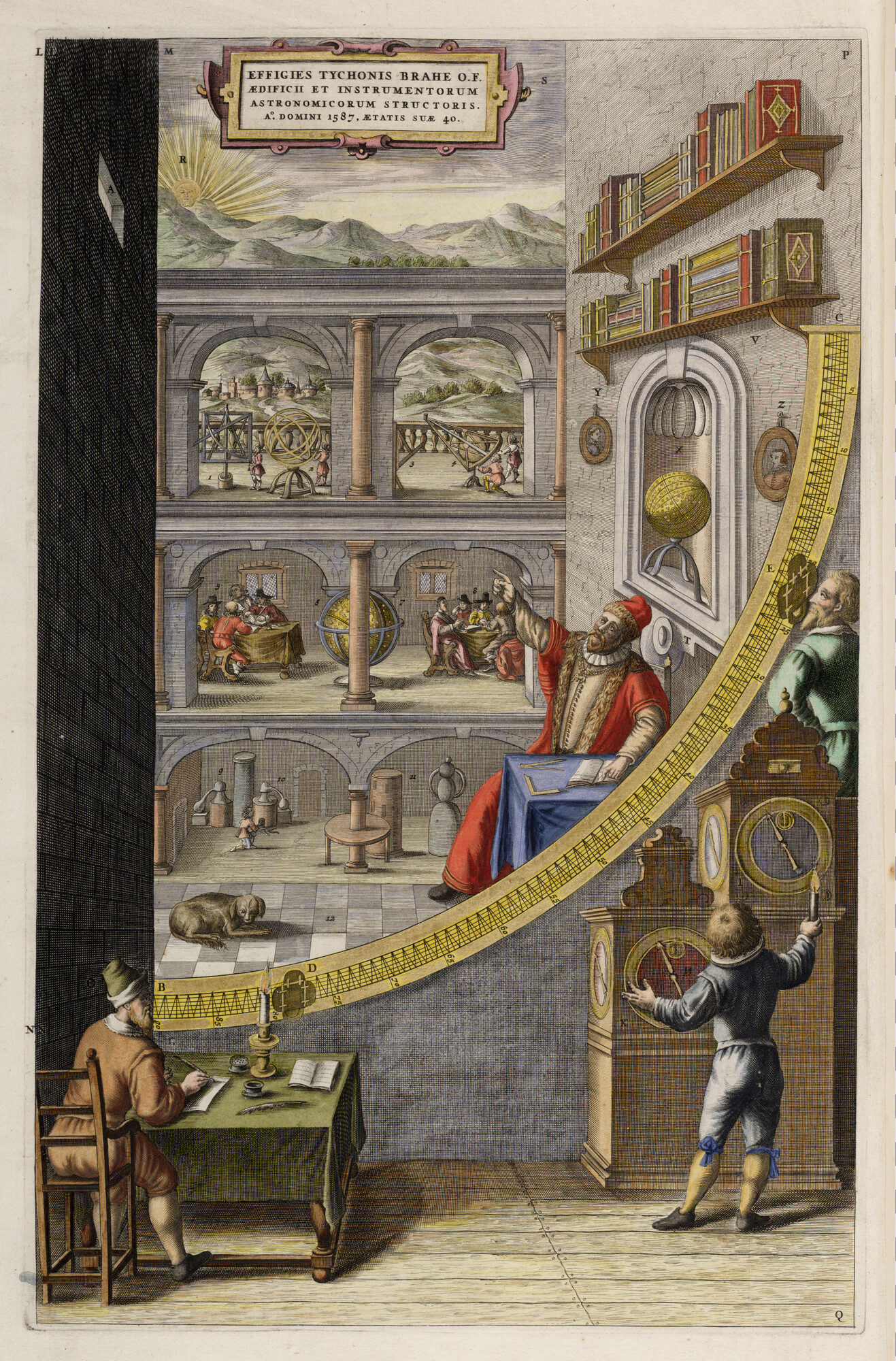 S.1034(01) [kaart 039]; Grote muurkwadrent in het observatroium Uraniënborg van Tycho Brahe op het eiland Hven in de Sont; prent