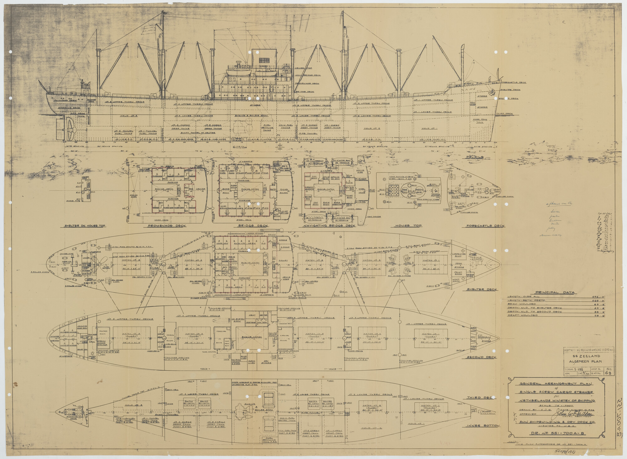 S.6879(182); Algemeen plan van het vrachtschip ms. 'Zeeland'; technische tekening