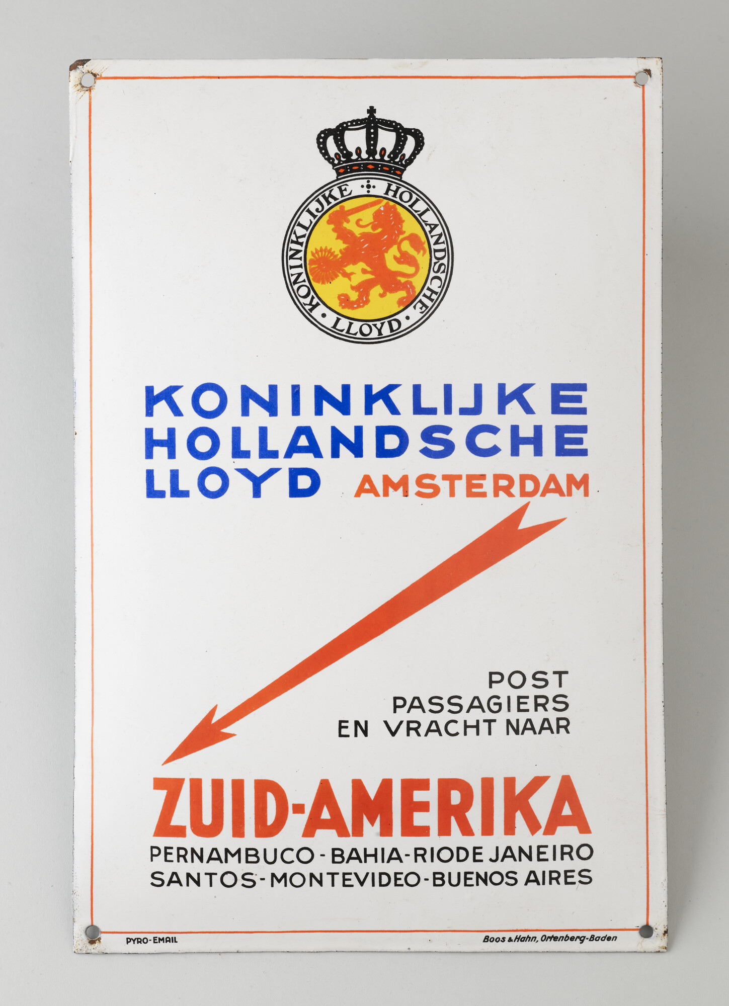 S.6483(2159); Reclamebord geëmailleerd, licht gebold, wit met blauw-zwart en oranje; reclamebord