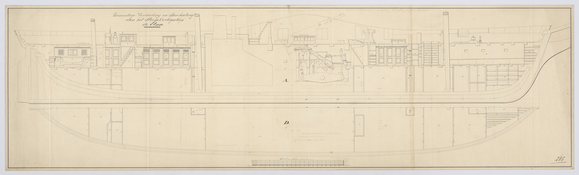 S.1214(0208); Langsdoorsnede en bovenaanzicht van de stoomraderschepen Zr.Ms. 'Etna', 1837 en 'Hekla', 1838; technische tekening