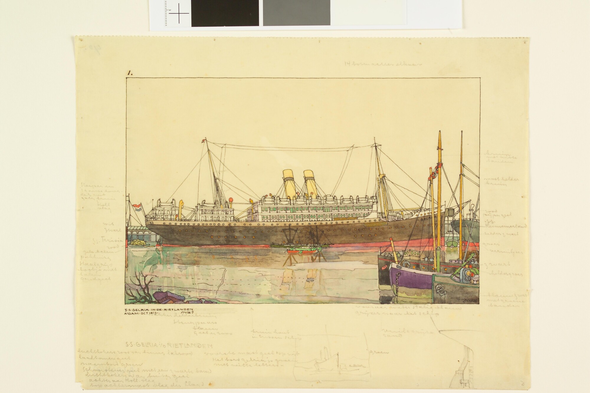 A.4894(04); Het schroefstoomschip 'Gelria' in de Rietlanden, Amsterdam, 1913; tekening