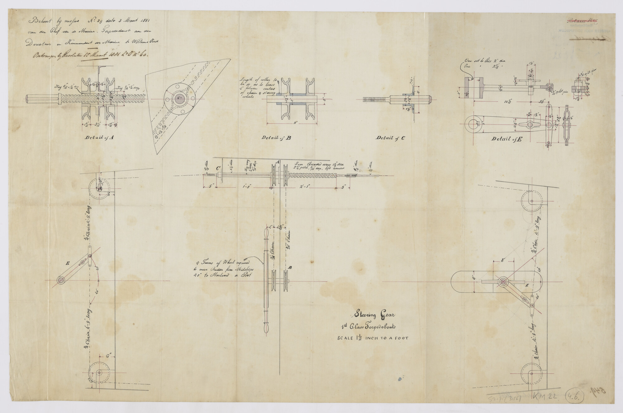 S.2175(3156); Stuurinrichting in diverse doorsneden aan boord van de spartorpedoboten, later vistorpedoboten Zr.Ms. Etna en Hekla; technische tekening