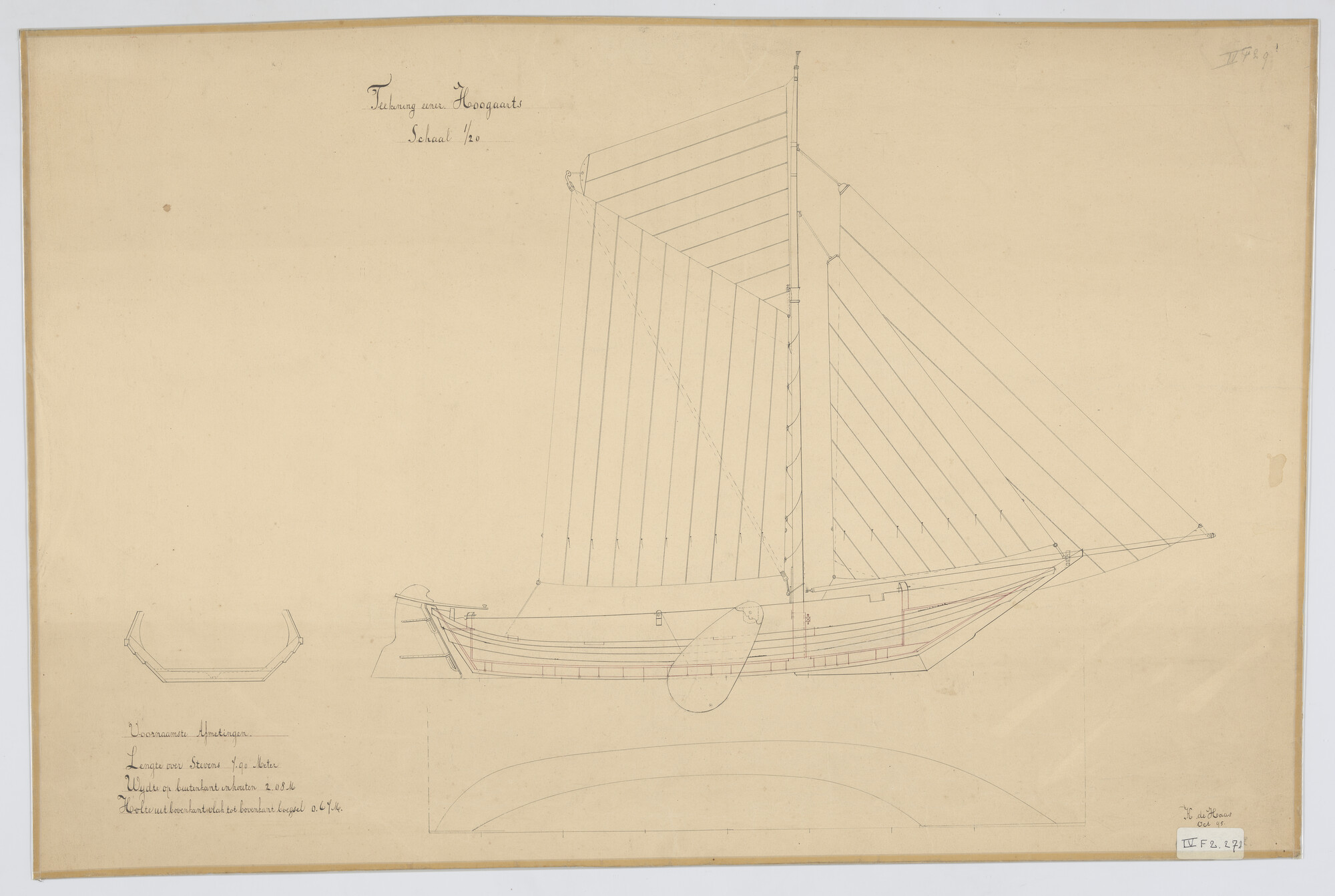 S.1300(01)057; Tuigtekening met zijaanzicht, bovenaanzicht, dwarsdoorsnede van een hoogaars; technische tekening