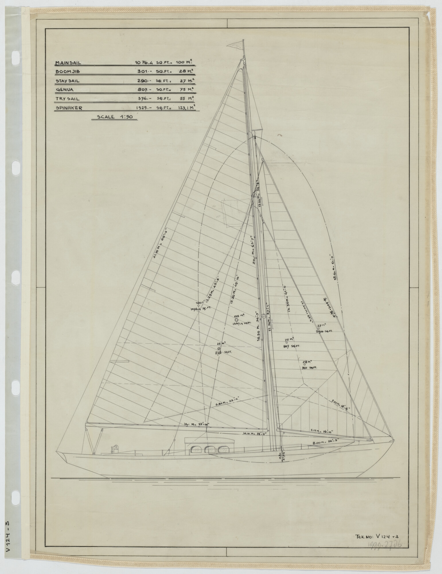 1999.2786; Zeilplan van het jacht 'Windkliever'; technische tekening