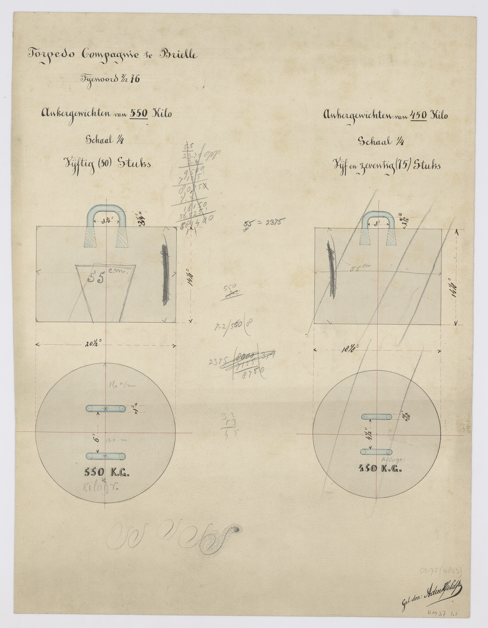 S.2175(4853); Ankergewichten van 450 en 550 kg; technische tekening
