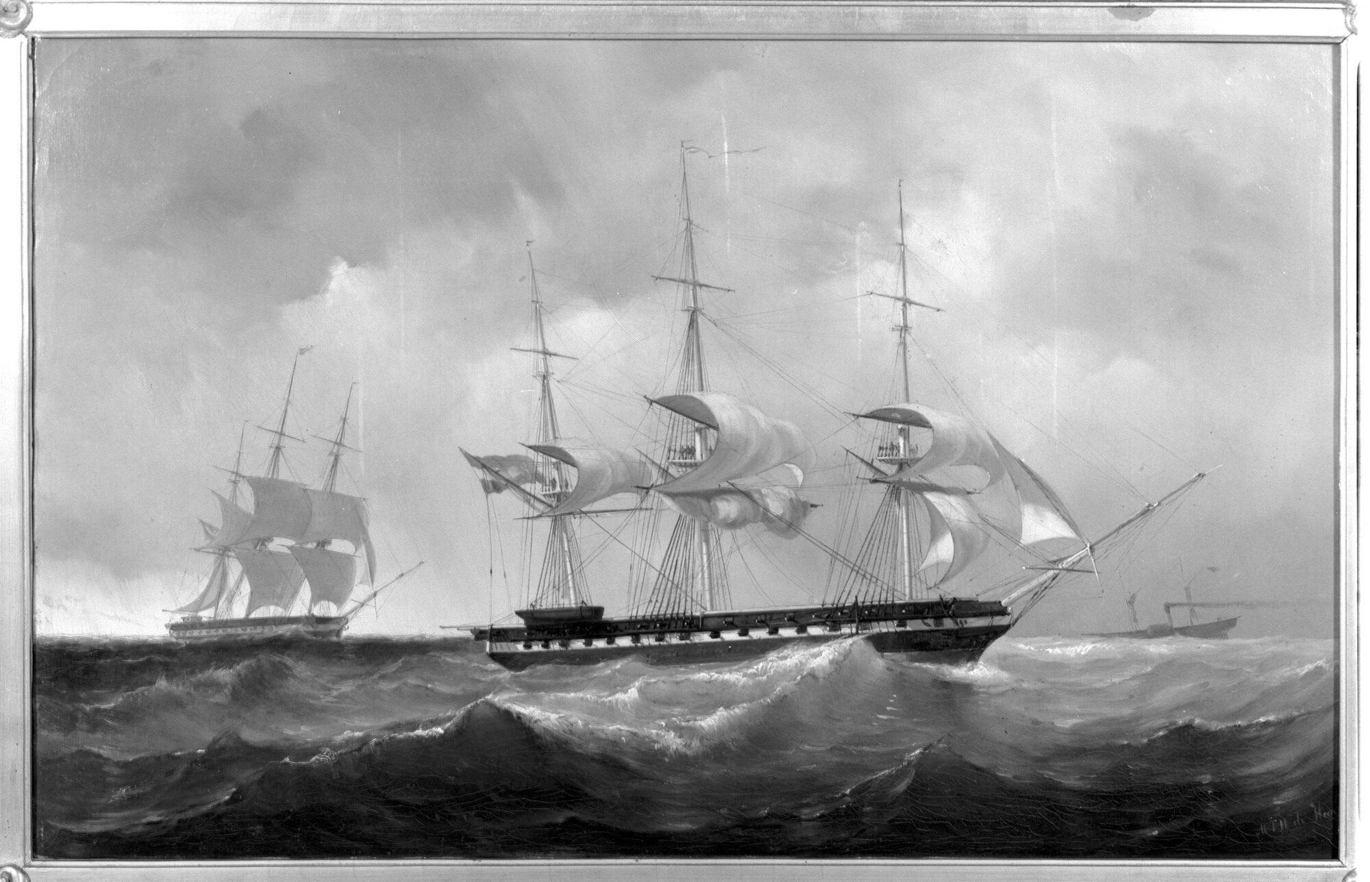 A.4403; Het fregat Zr.Ms. Rijn op volle zee voor de wind zeilende; schilderij