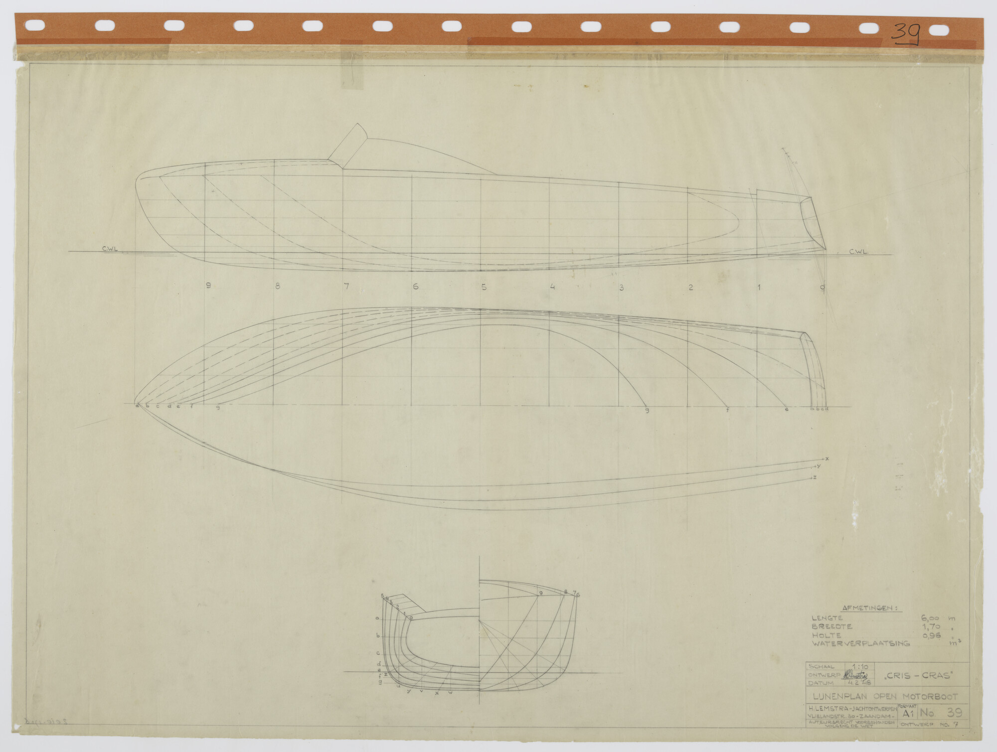 2010.1726; Lijnenplan van de open motorboot Cris-Cras van 6.00 m; technische tekening