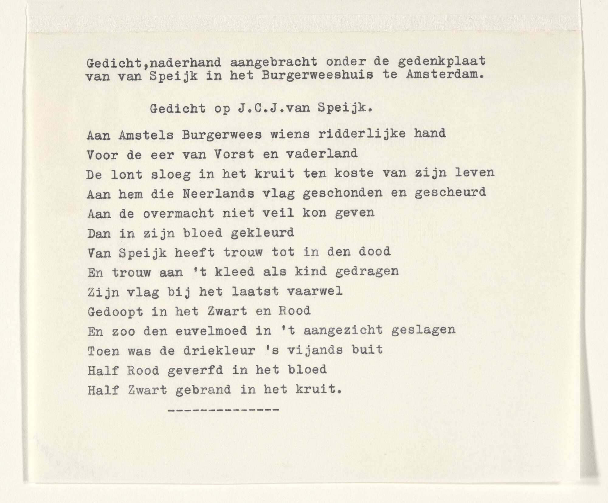 NII [volgnr. 00490]; Gedicht, naderhand aangebracht onder de gedenkplaat van Van Speijk; prent