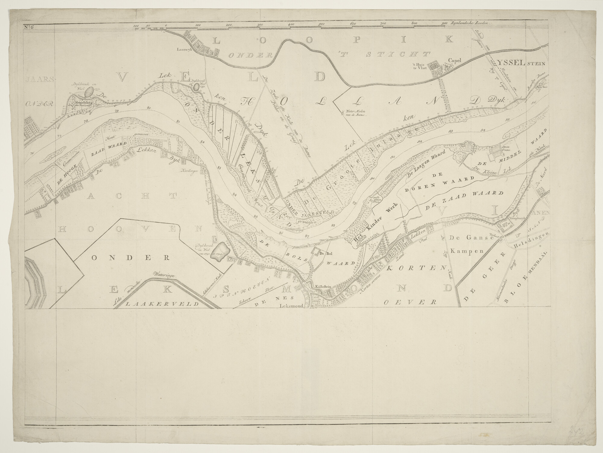 A.2948(01)f; Kaart in zeven bladen van de rivier de Lek van Krimpen tot het Hagesteinse Schoor; rivierkaart