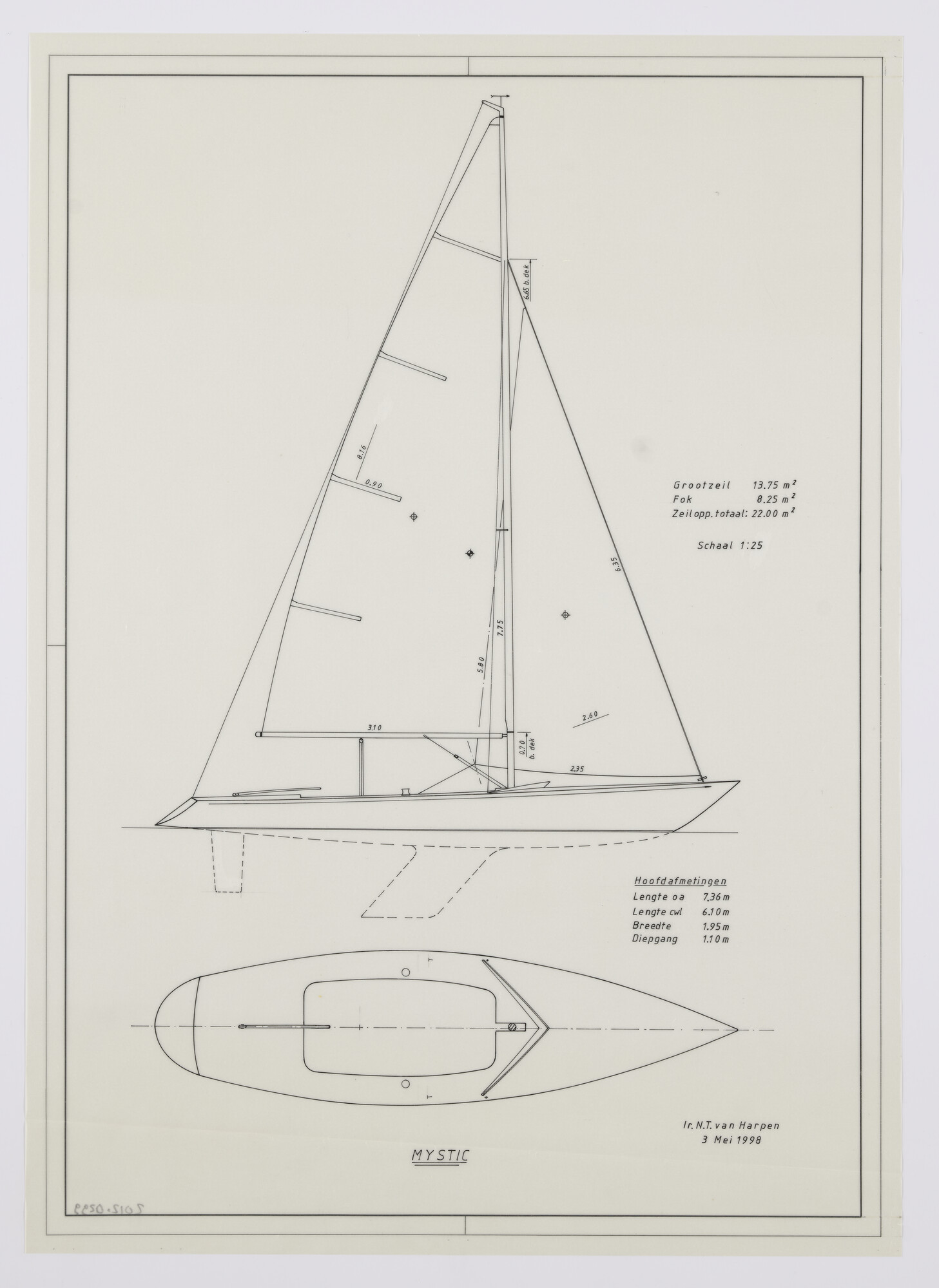 2012.0299; Zeilplan van zeiljacht 'Mystic' van 7.36 m; technische tekening