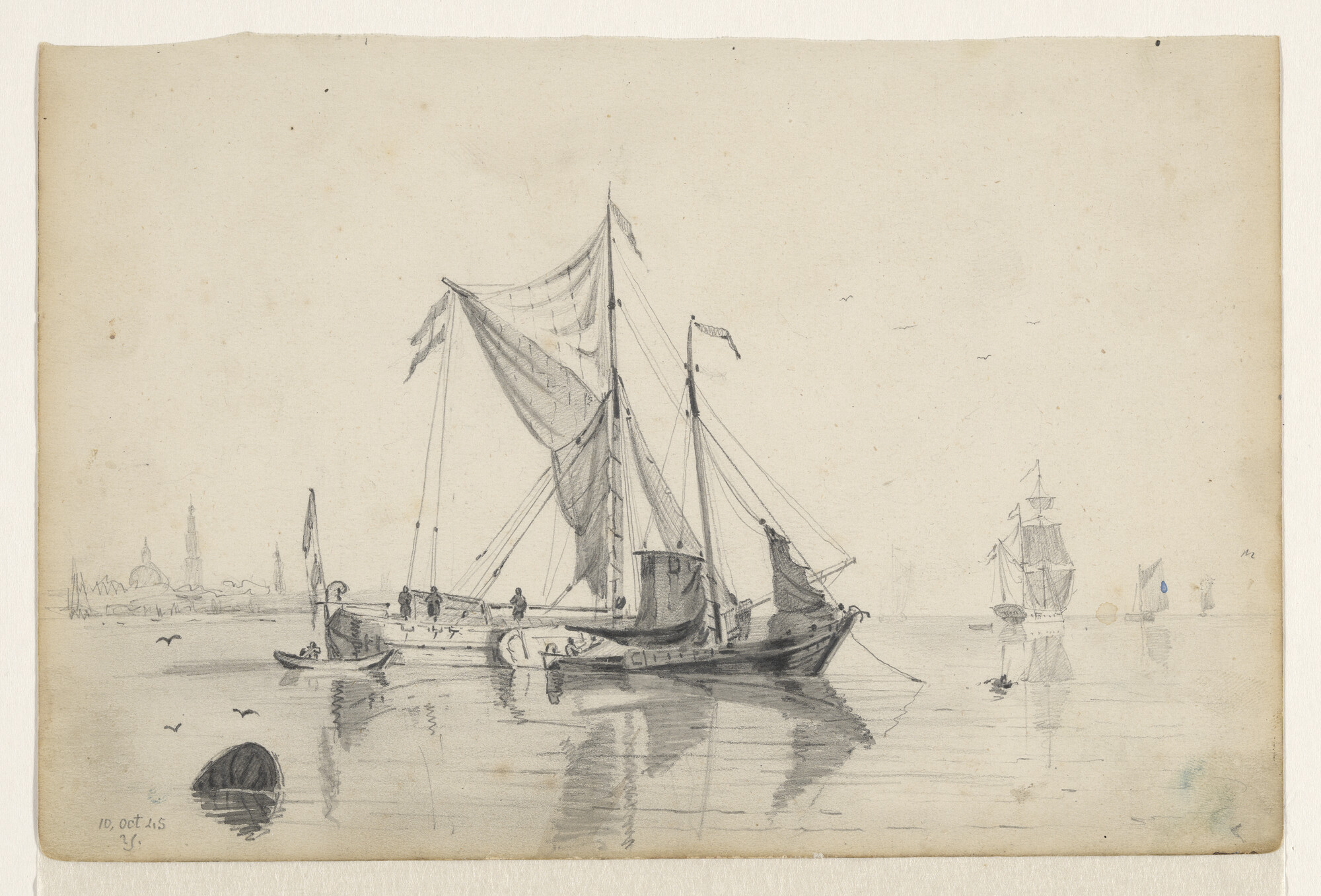 A.4905(03); Een pluut en een praam voor anker op het IJ; tekening