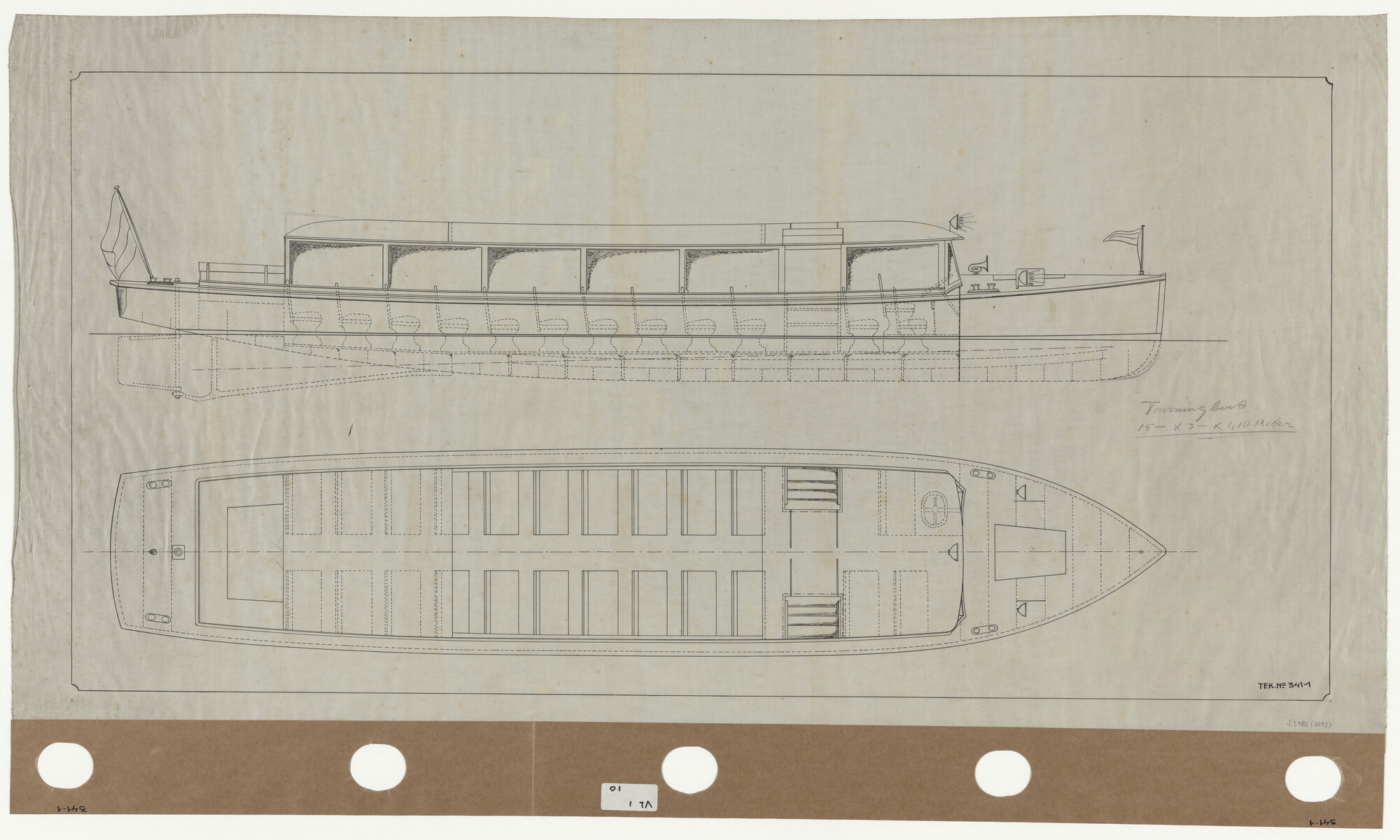 S.5180(0012); Algemeen plan van een rondvaartboot; technische tekening