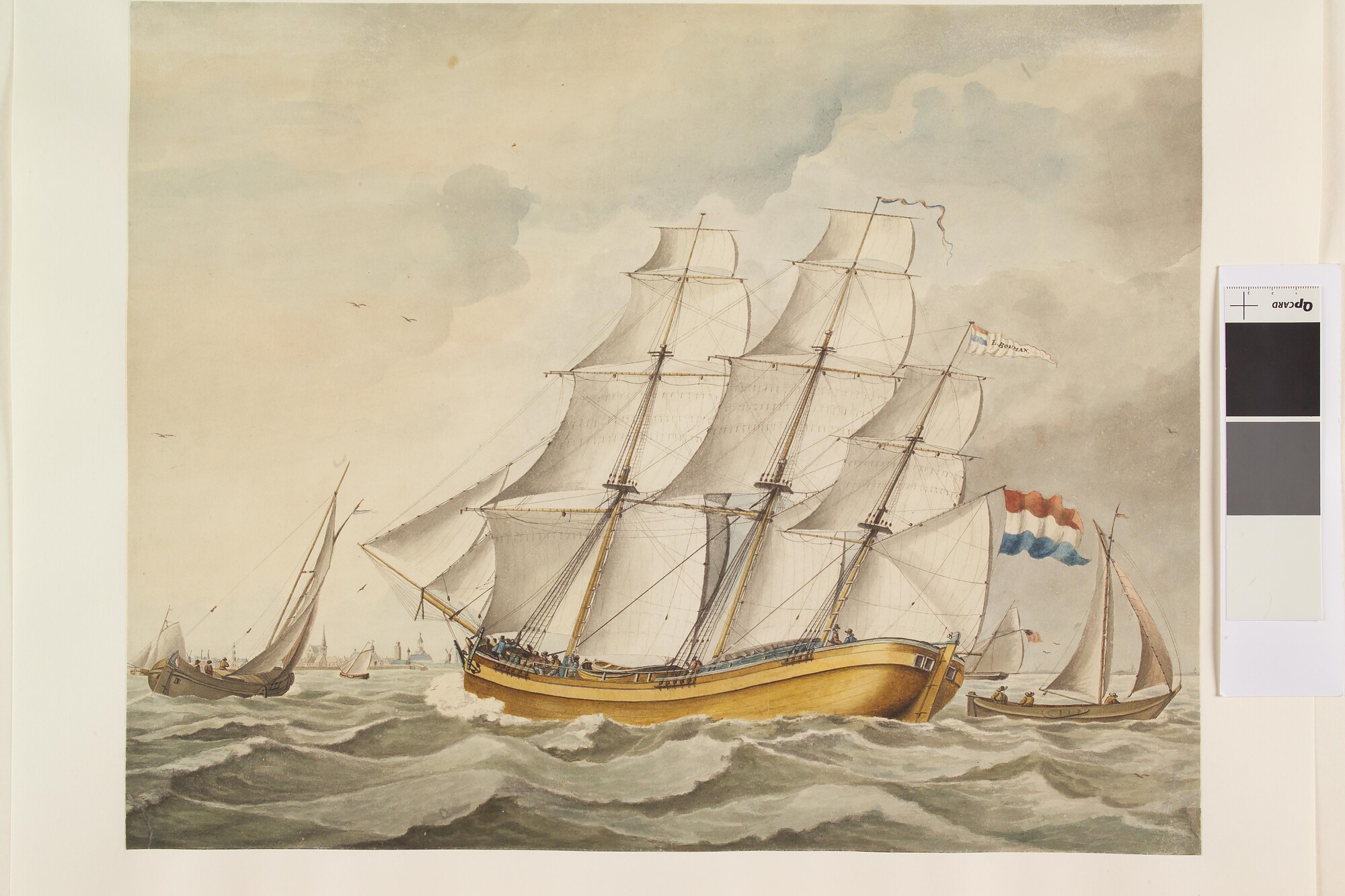 A.0149(0370); Een driemastgaljootschip op de rede van Texel; tekening