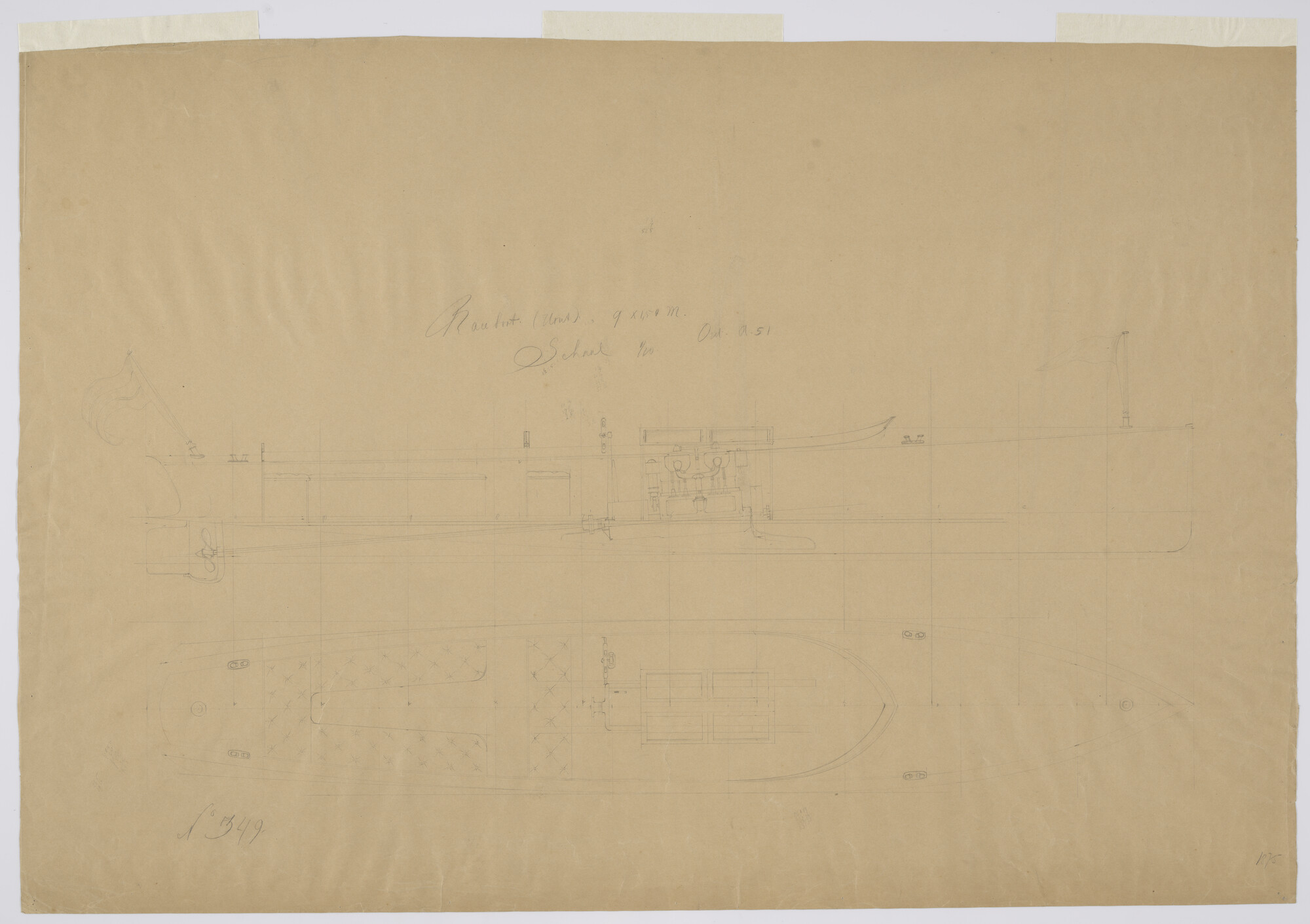 2012.0531; Algemeen plan (schets) van de raceboot 'Meteoor' van 9 meter; technische tekening