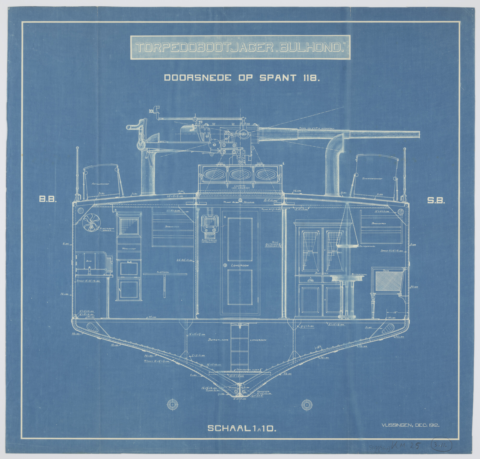 S.2175(3640); Dwarsdoorsnede over spant 118 aan boord van de torpedobootjager Hr.Ms. 'Bulhond'; technische tekening